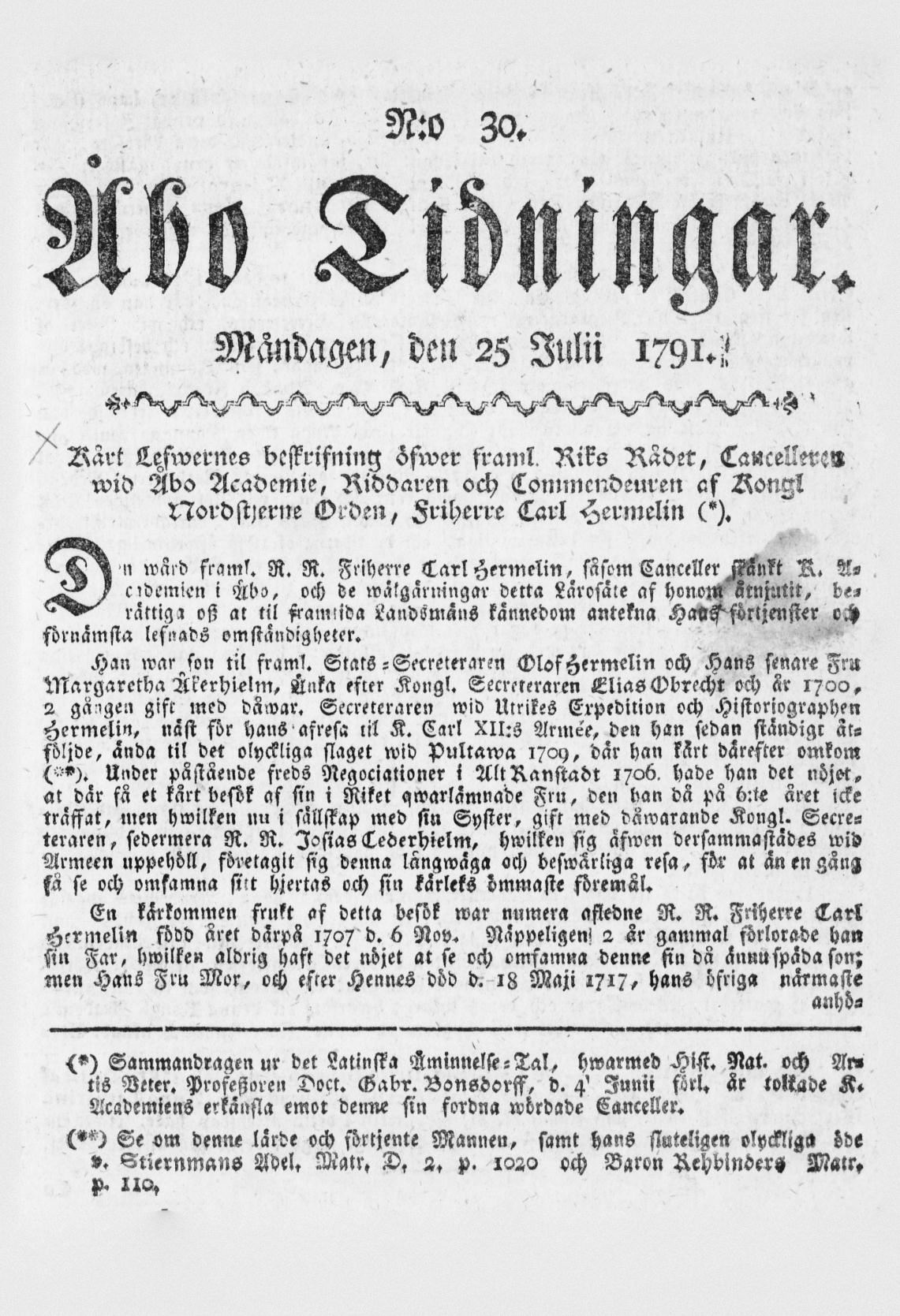 Tidningssida ur ÅBO TIDNINGAR, 1791-07-25