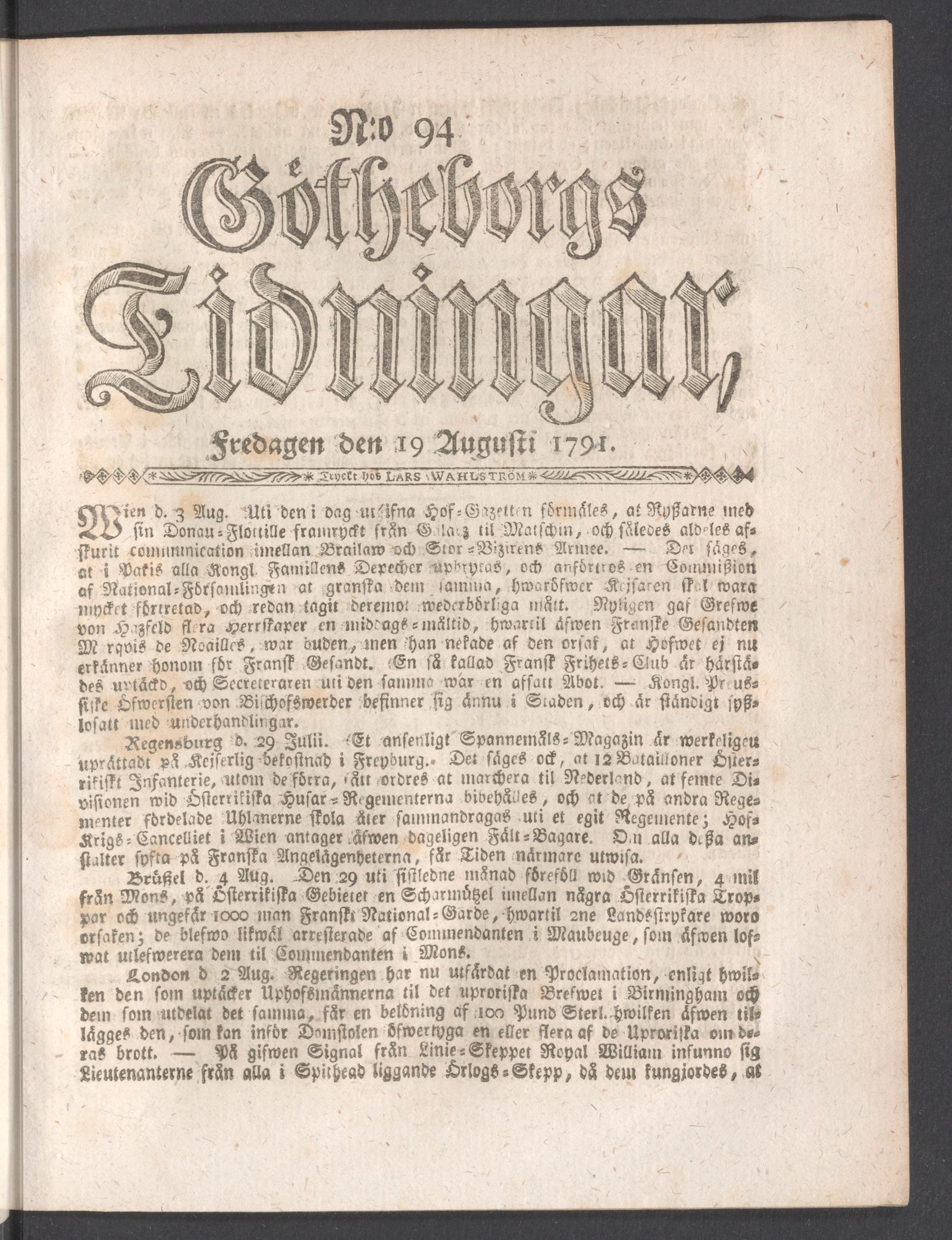 Tidningssida ur GÖTHEBORGS TIDNINGAR, 1791-08-19