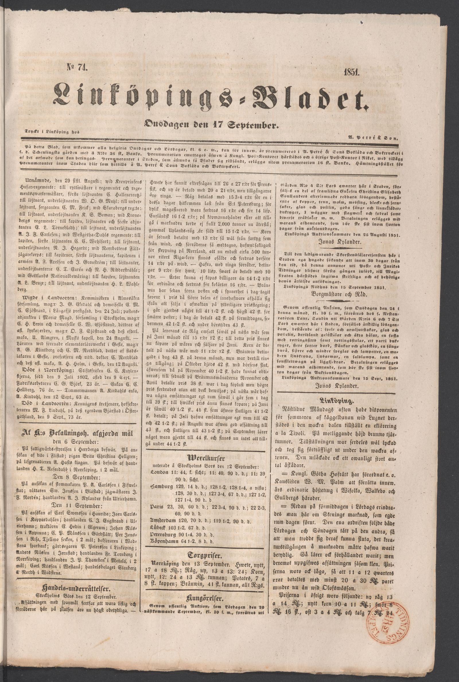Tidningssida ur LINKÖPINGSBLADET, 1851-09-17