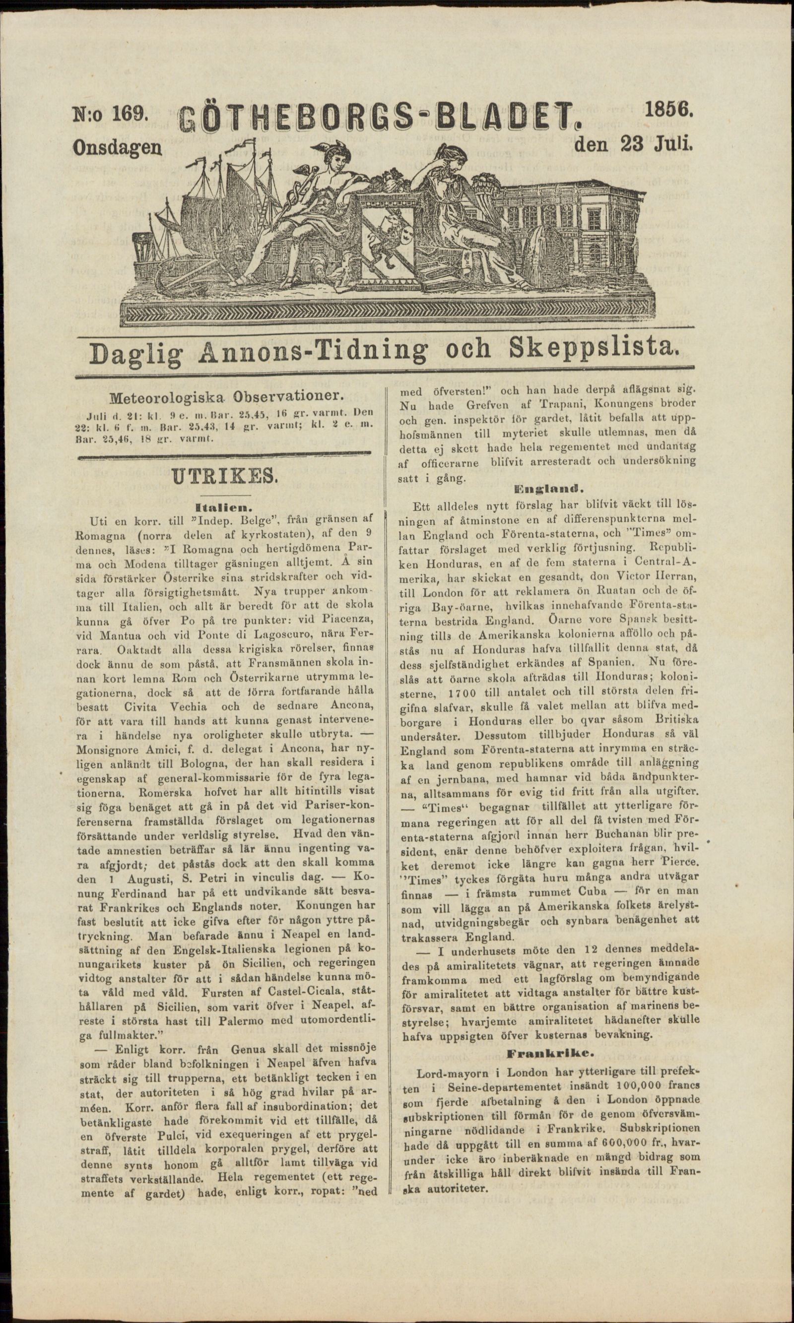 Tidningssida ur GÖTHEBORGSBLADET, 1856-07-23