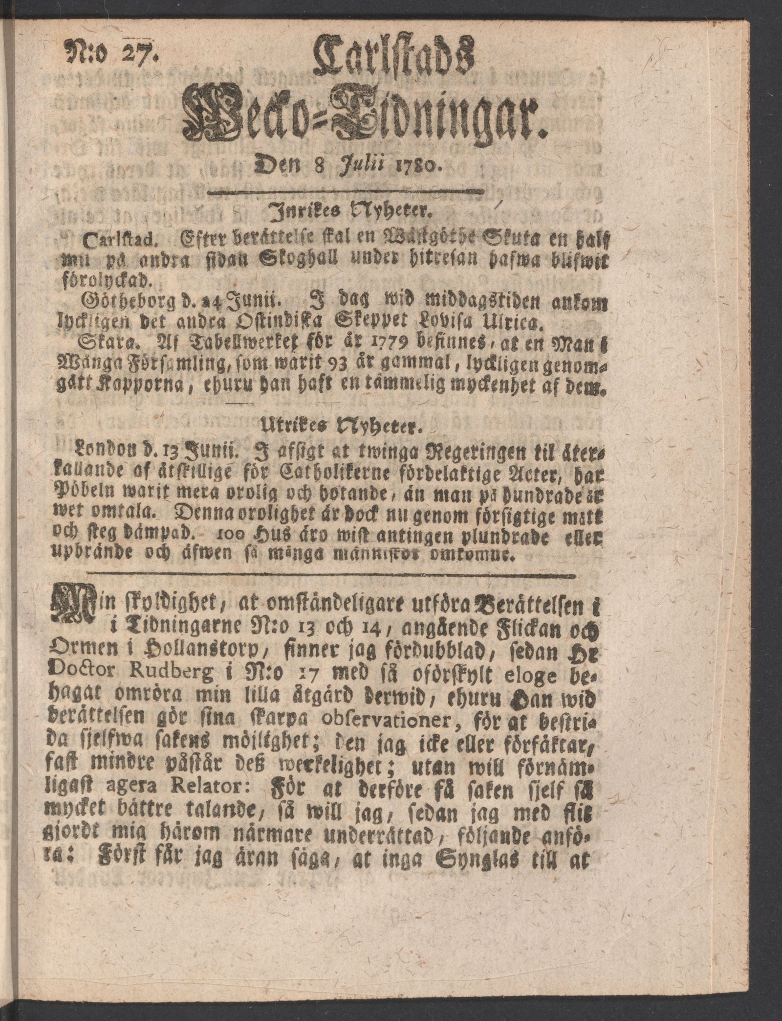 Tidningssida ur CARLSTADS WECKOTIDNINGAR, 1780-07-08