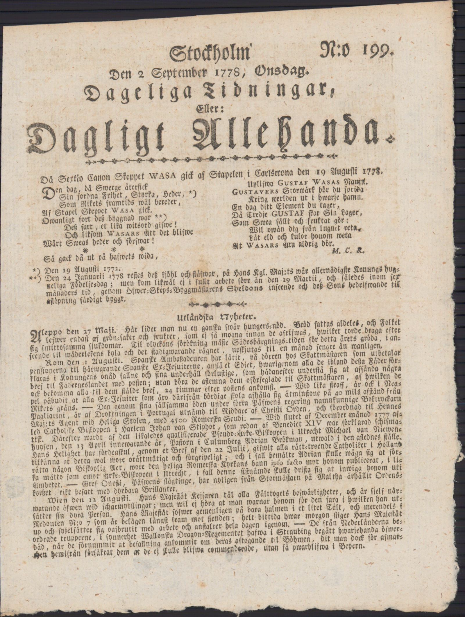 Tidningssida ur DAGLIGT ALLEHANDA, 1778-09-02