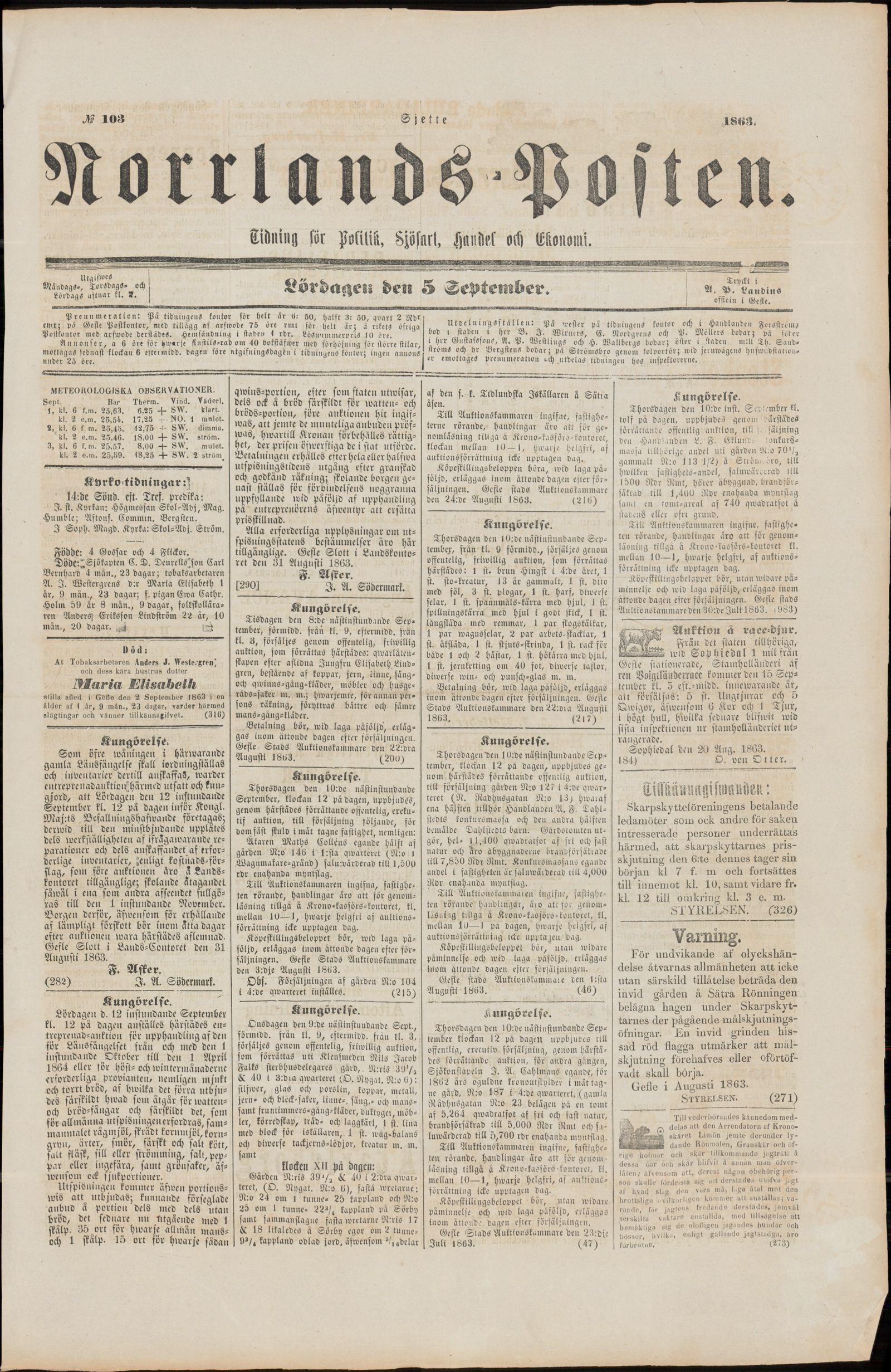 Tidningssida ur NORRLANDSPOSTEN, 1863-09-05