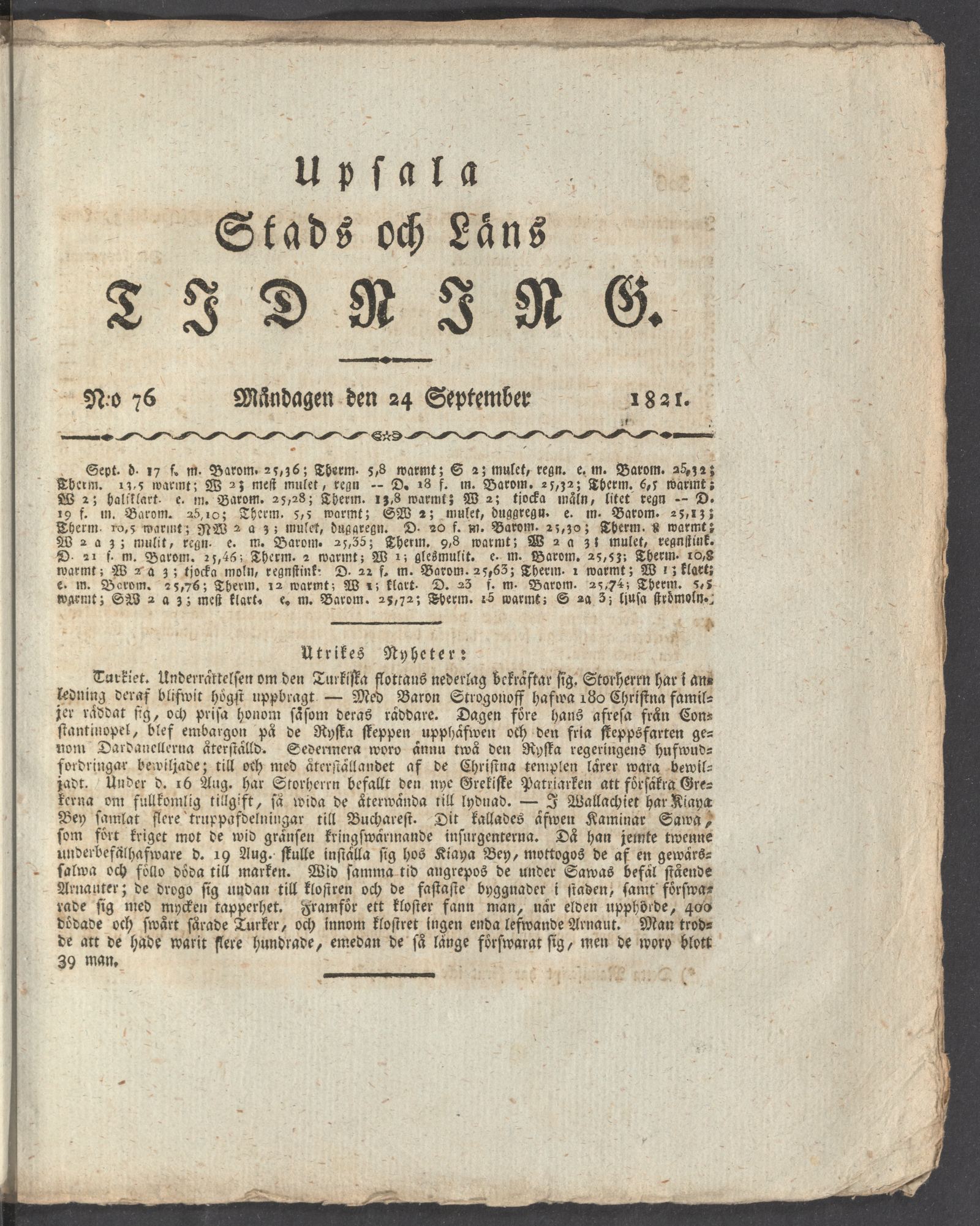 Tidningssida ur UPSALA STADS OCH LÄNSTIDNING, 1821-09-24