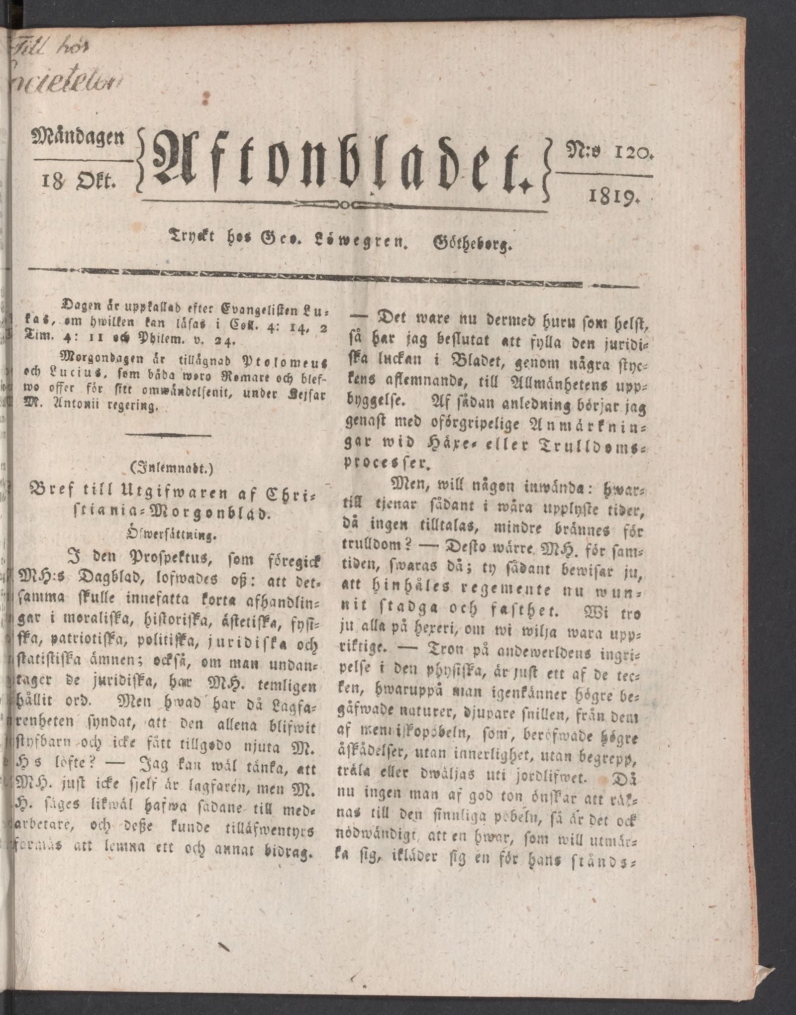 Tidningssida ur AFTONBLADET, 1819-10-18