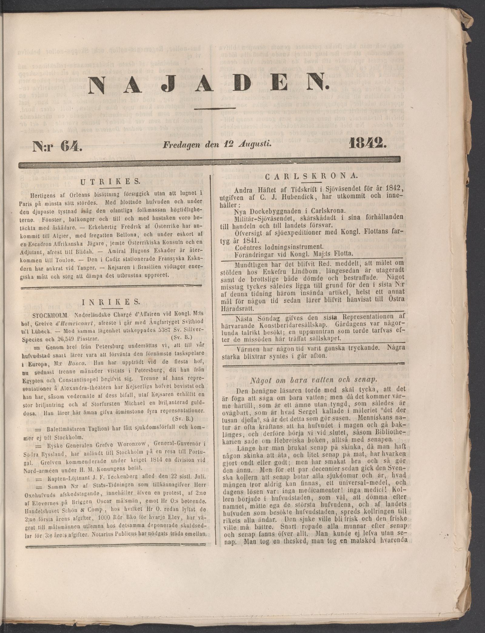Tidningssida ur NAJADEN, 1842-08-12