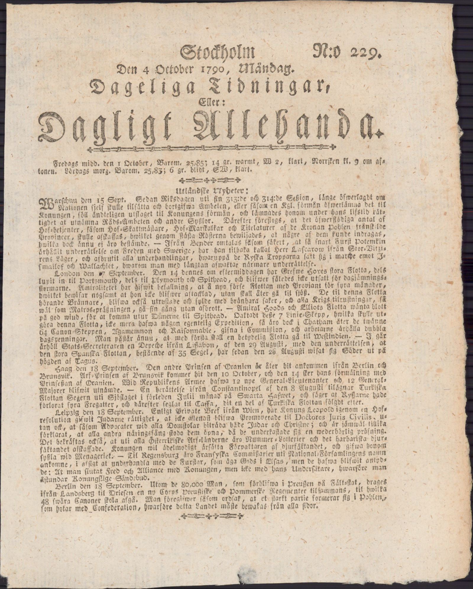 Tidningssida ur DAGLIGT ALLEHANDA, 1790-10-04