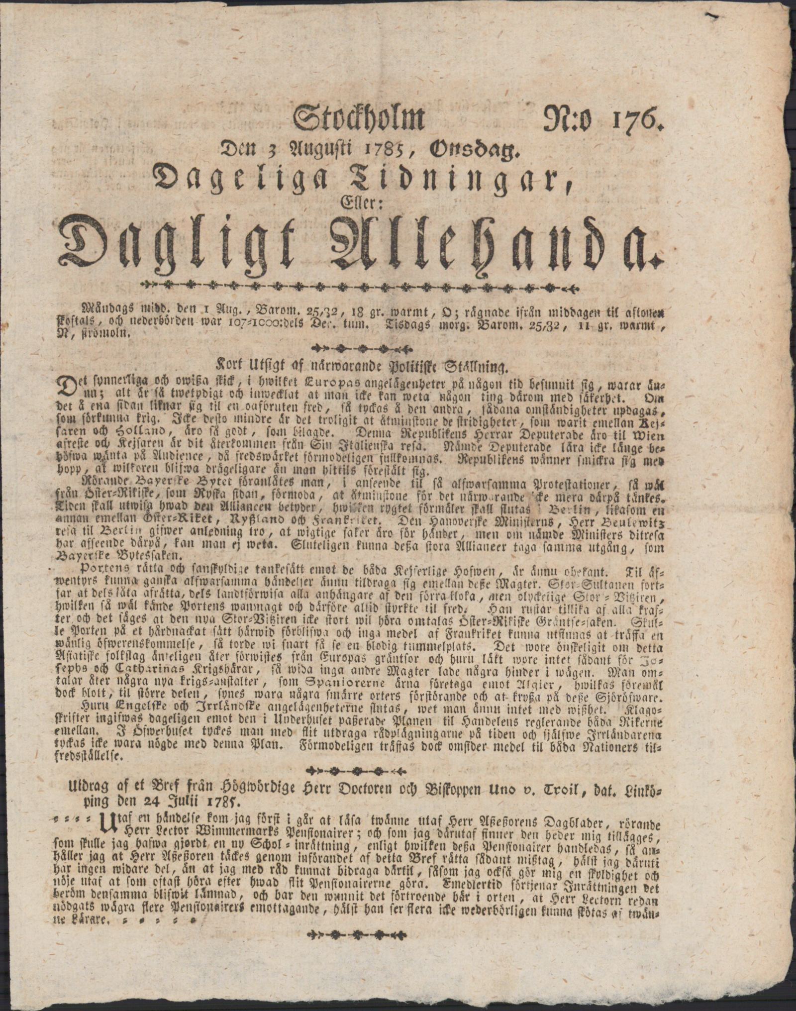 Tidningssida ur DAGLIGT ALLEHANDA, 1785-08-03