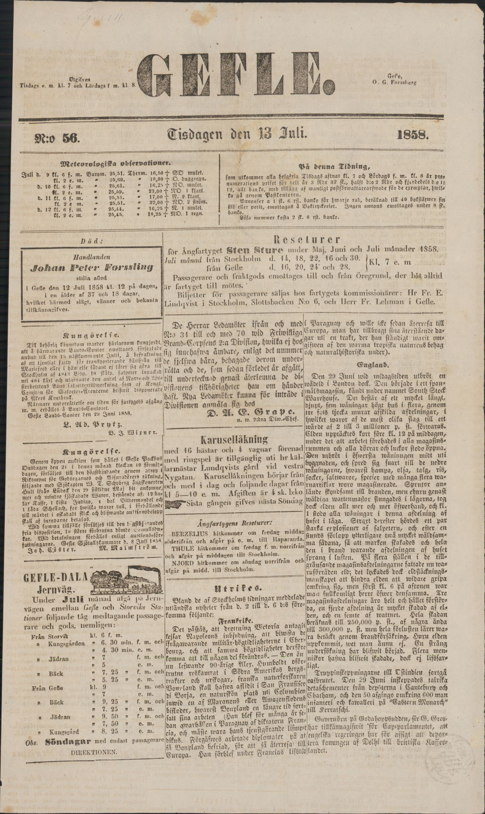 Tidningssida ur GEFLEBORGS LÄNS TIDNING, 1858-07-13