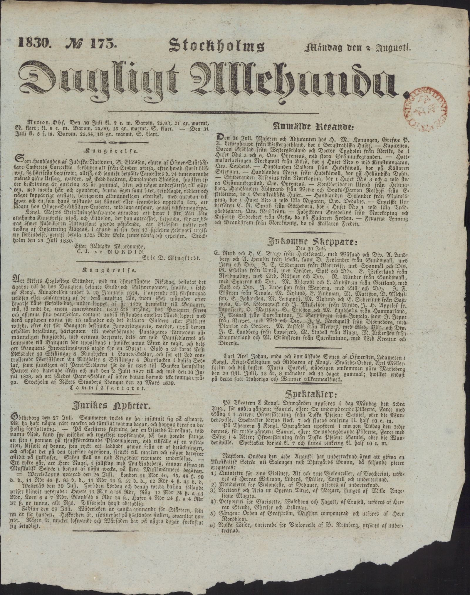 Tidningssida ur DAGLIGT ALLEHANDA, 1830-08-02