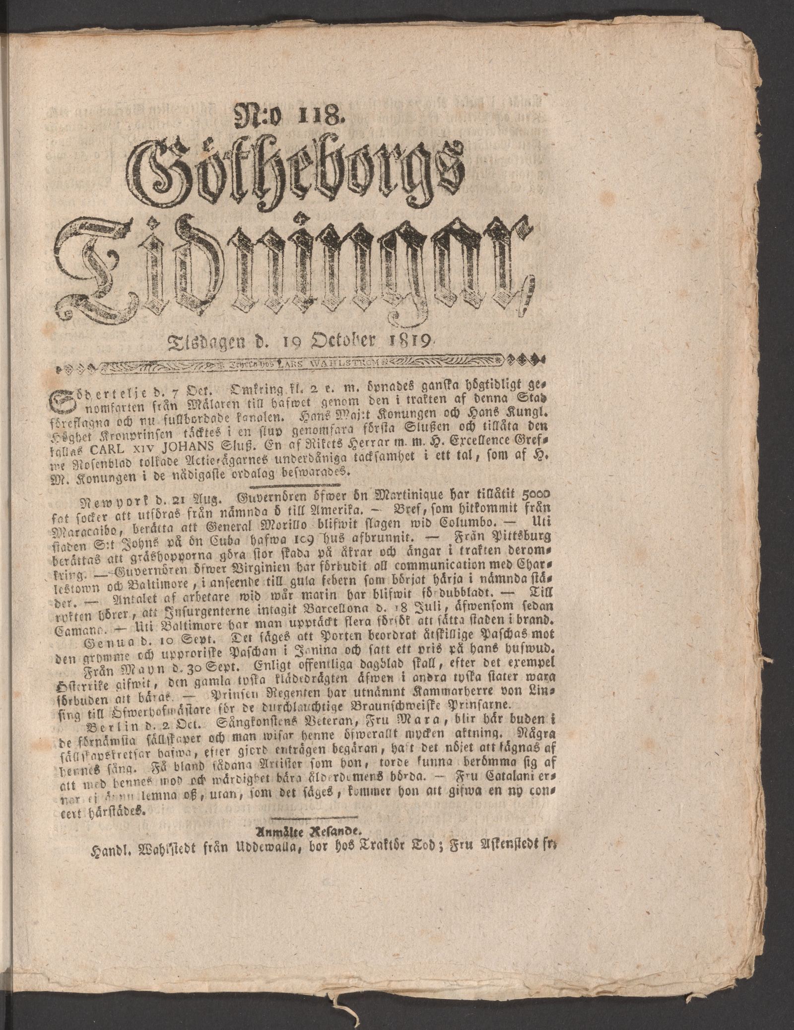 Tidningssida ur GÖTHEBORGS TIDNINGAR, 1819-10-19