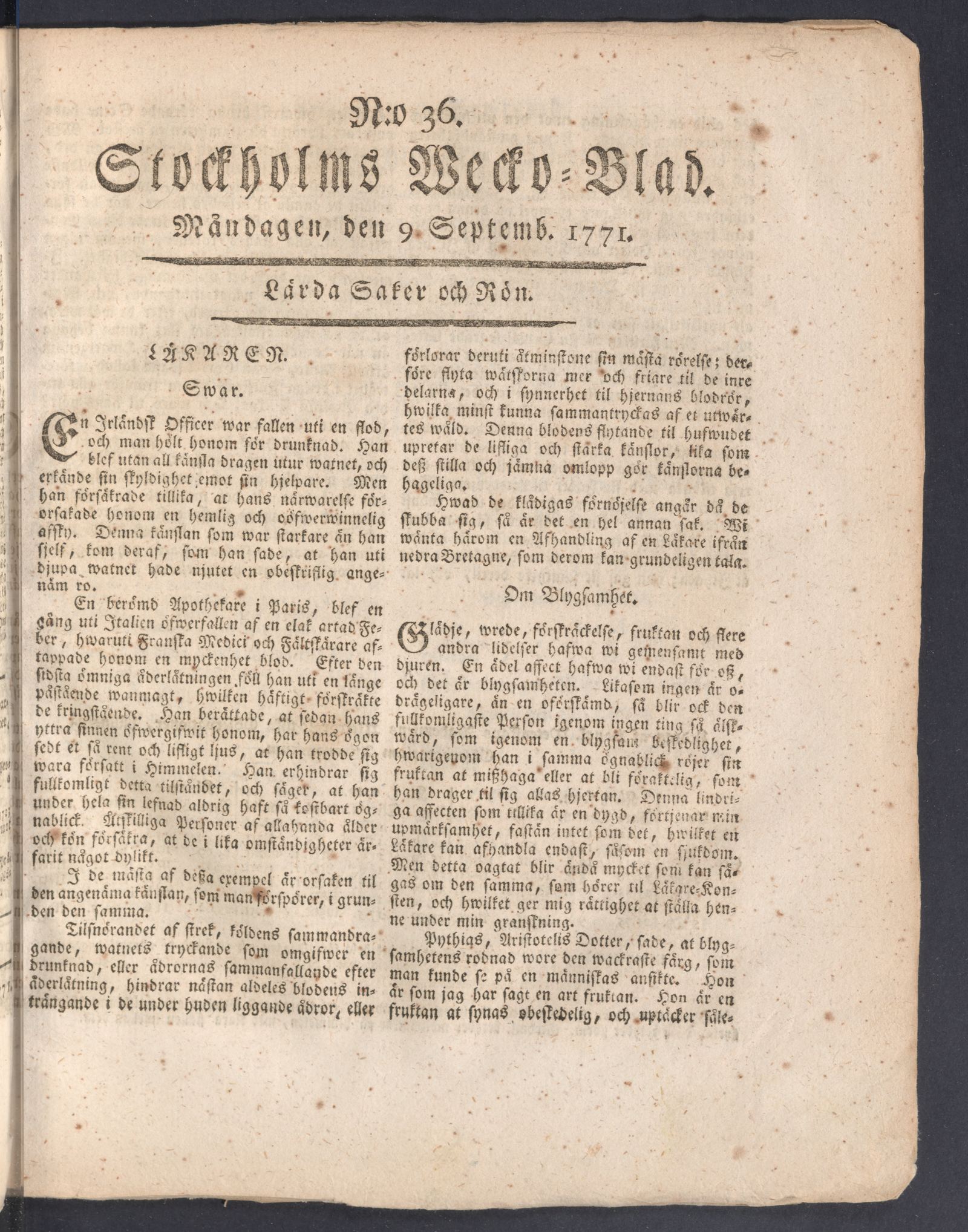 Tidningssida ur STOCKHOLMS WECKOBLAD, 1771-09-09