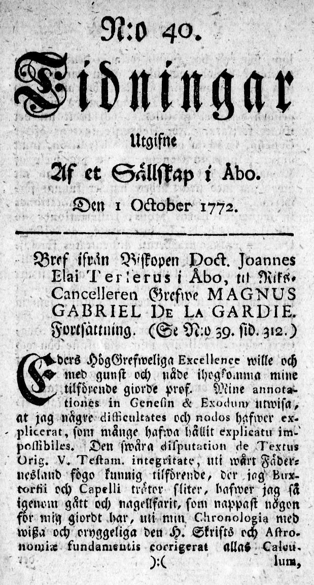 Tidningssida ur TIDNINGAR UTGIFNE AF ET SÄLLSKAP I ÅBO, 1772-10-01