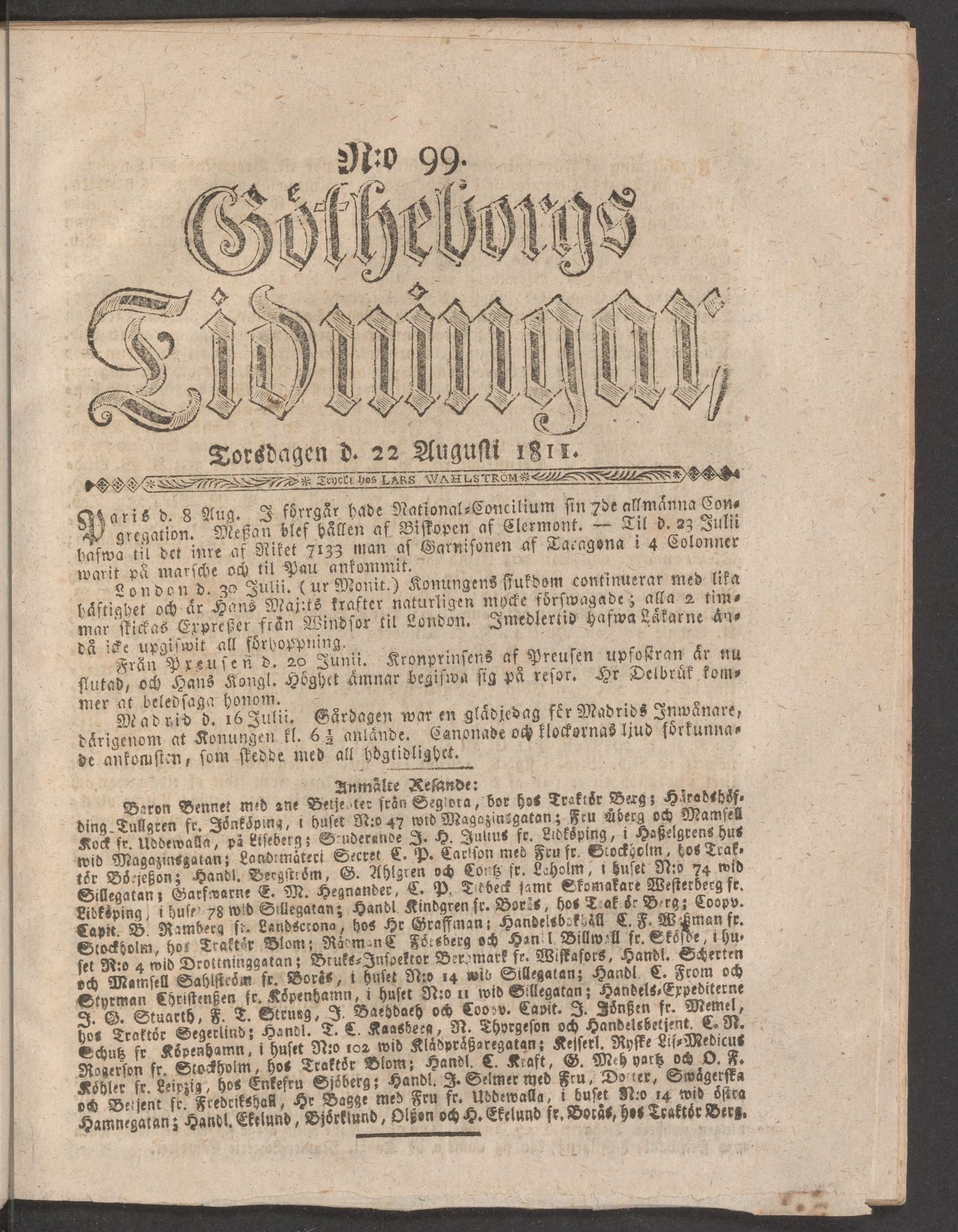 Tidningssida ur GÖTHEBORGS TIDNINGAR, 1811-08-22