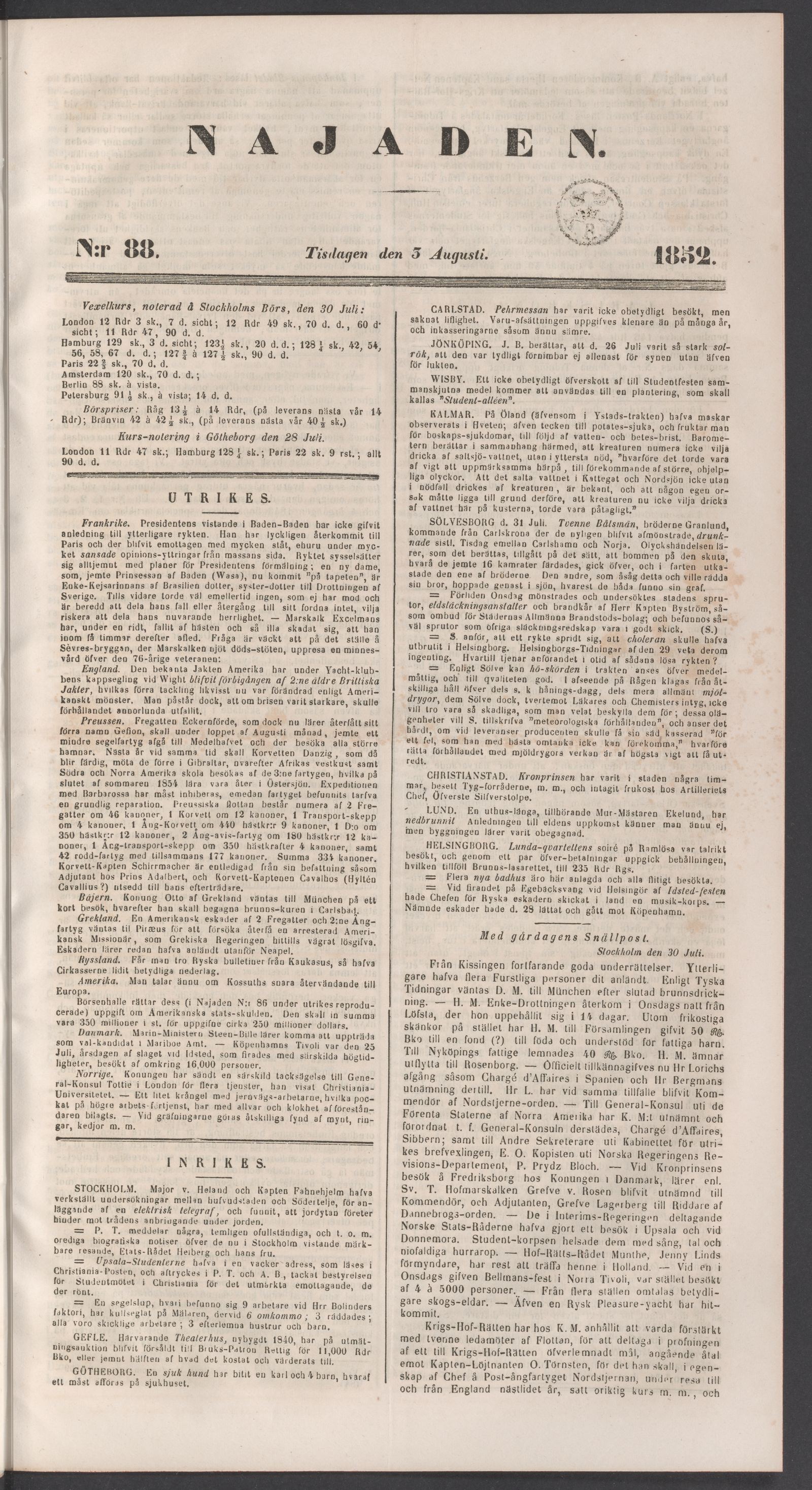 Tidningssida ur NAJADEN, 1852-08-03