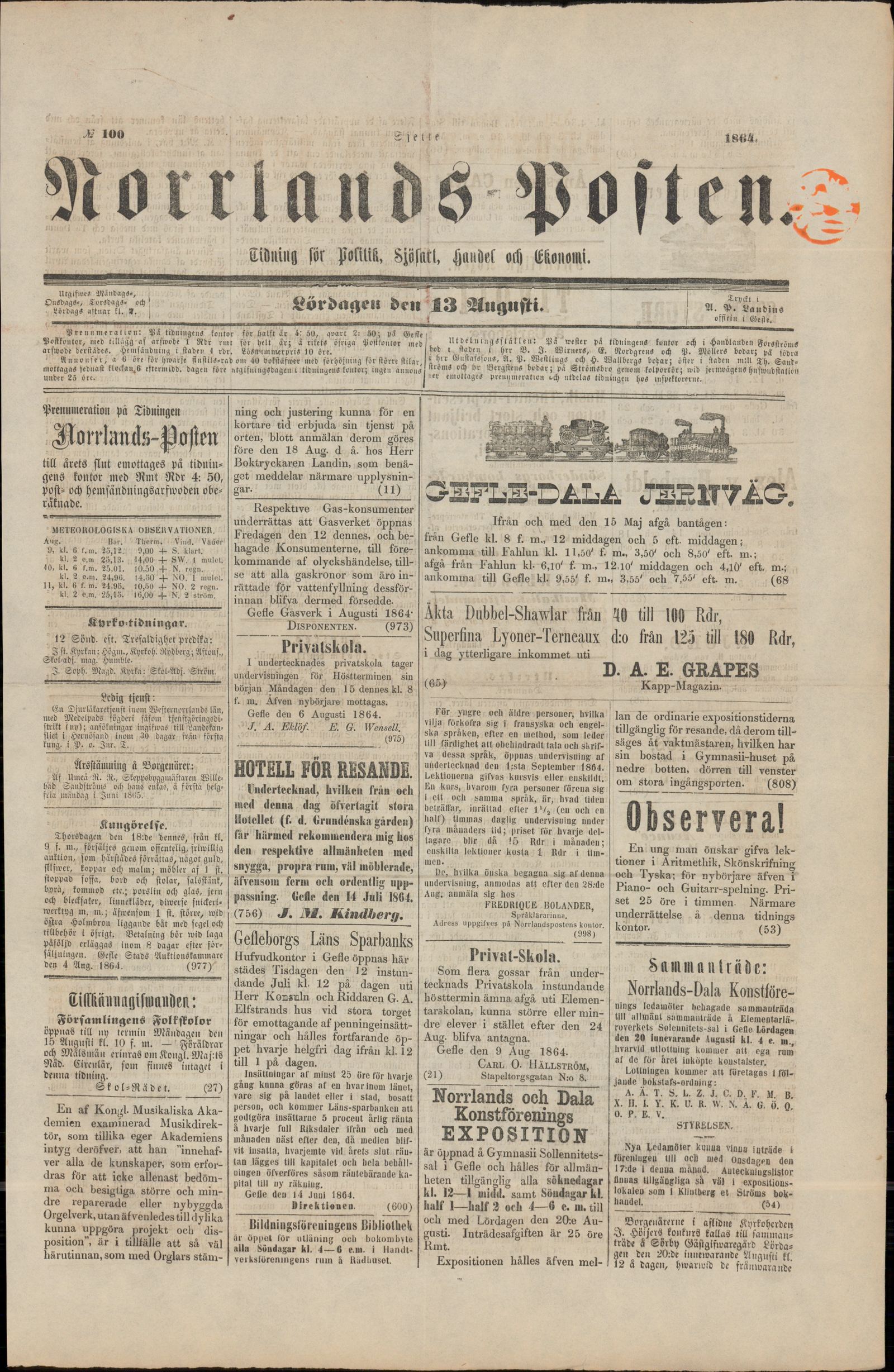 Tidningssida ur NORRLANDSPOSTEN, 1864-08-13