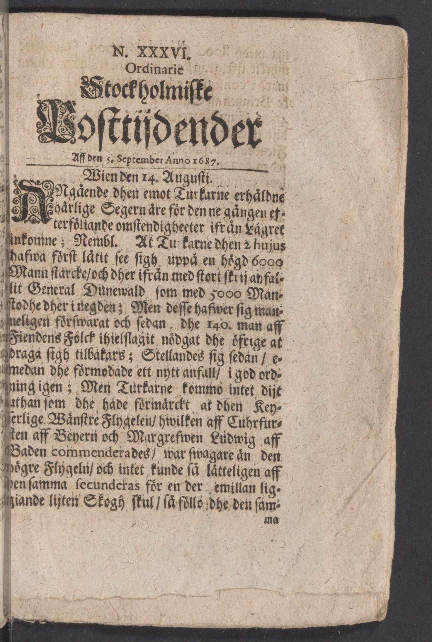 Tidningssida ur POSTTIDNINGAR, 1687-09-05