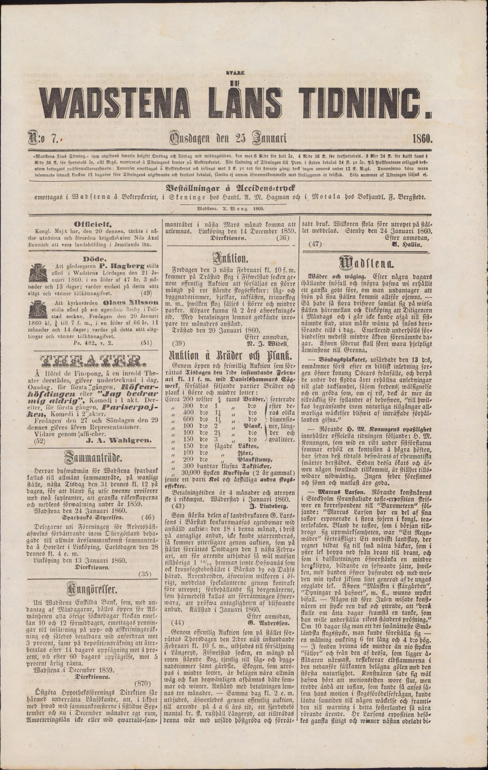 Tidningssida ur Wadstena Läns Tidning, 1860-01-25