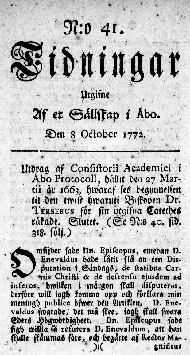 Tidningssida ur TIDNINGAR UTGIFNE AF ET SÄLLSKAP I ÅBO, 1772-10-08