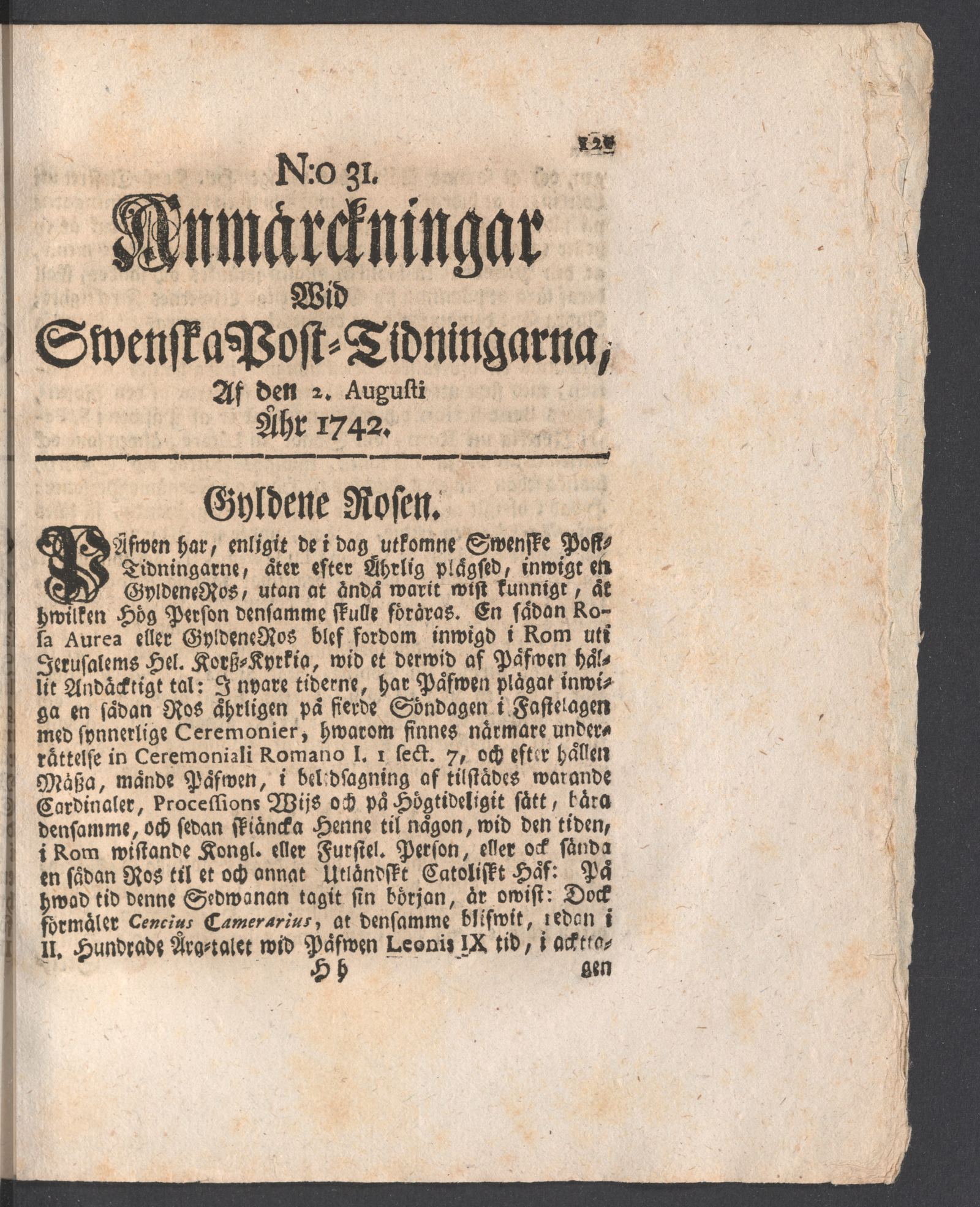 Tidningssida ur ANMÄRCKNINGAR WID SWENSKE POSTTIDNINGARNE, 1742-08-02