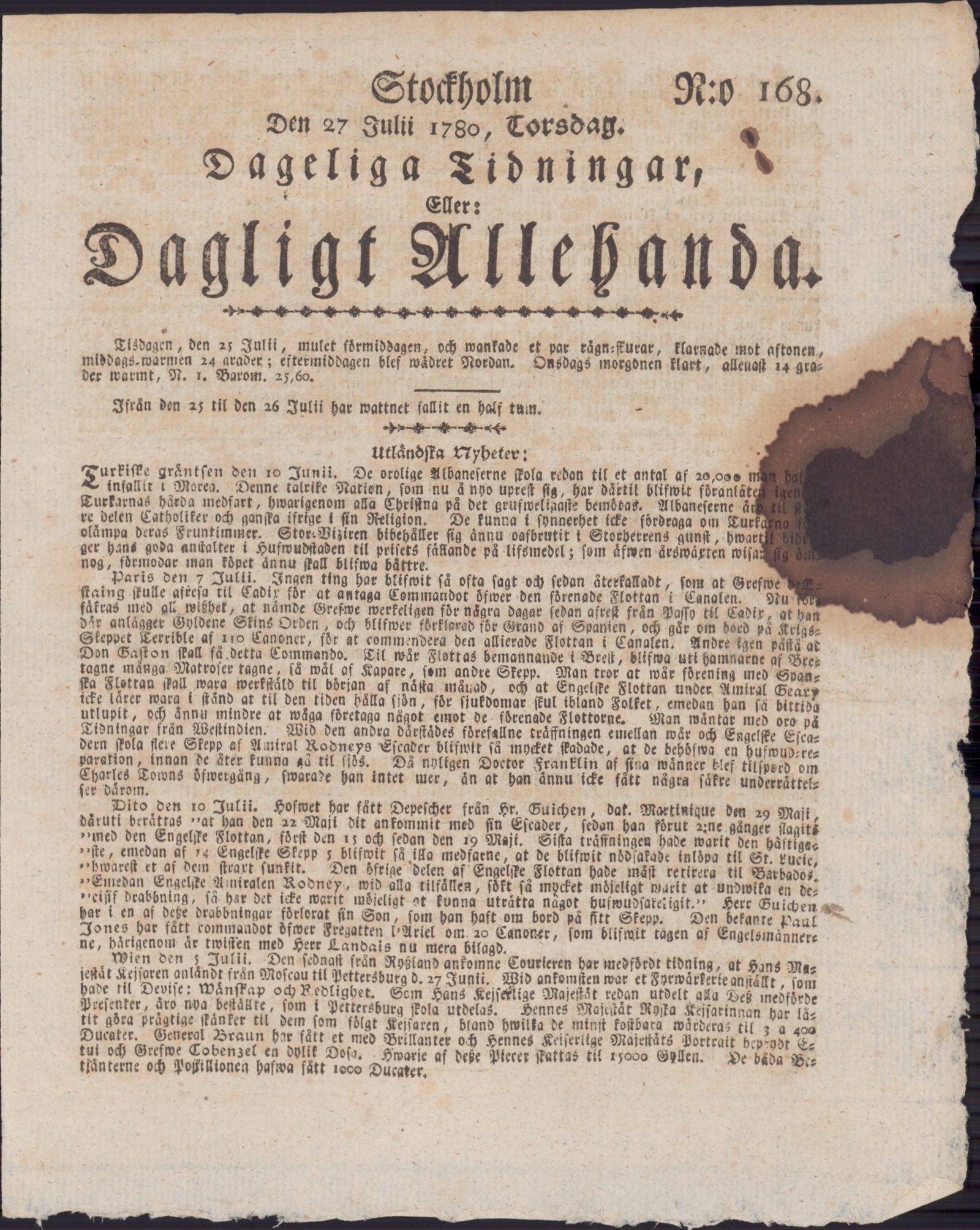 Tidningssida ur DAGLIGT ALLEHANDA, 1780-07-27