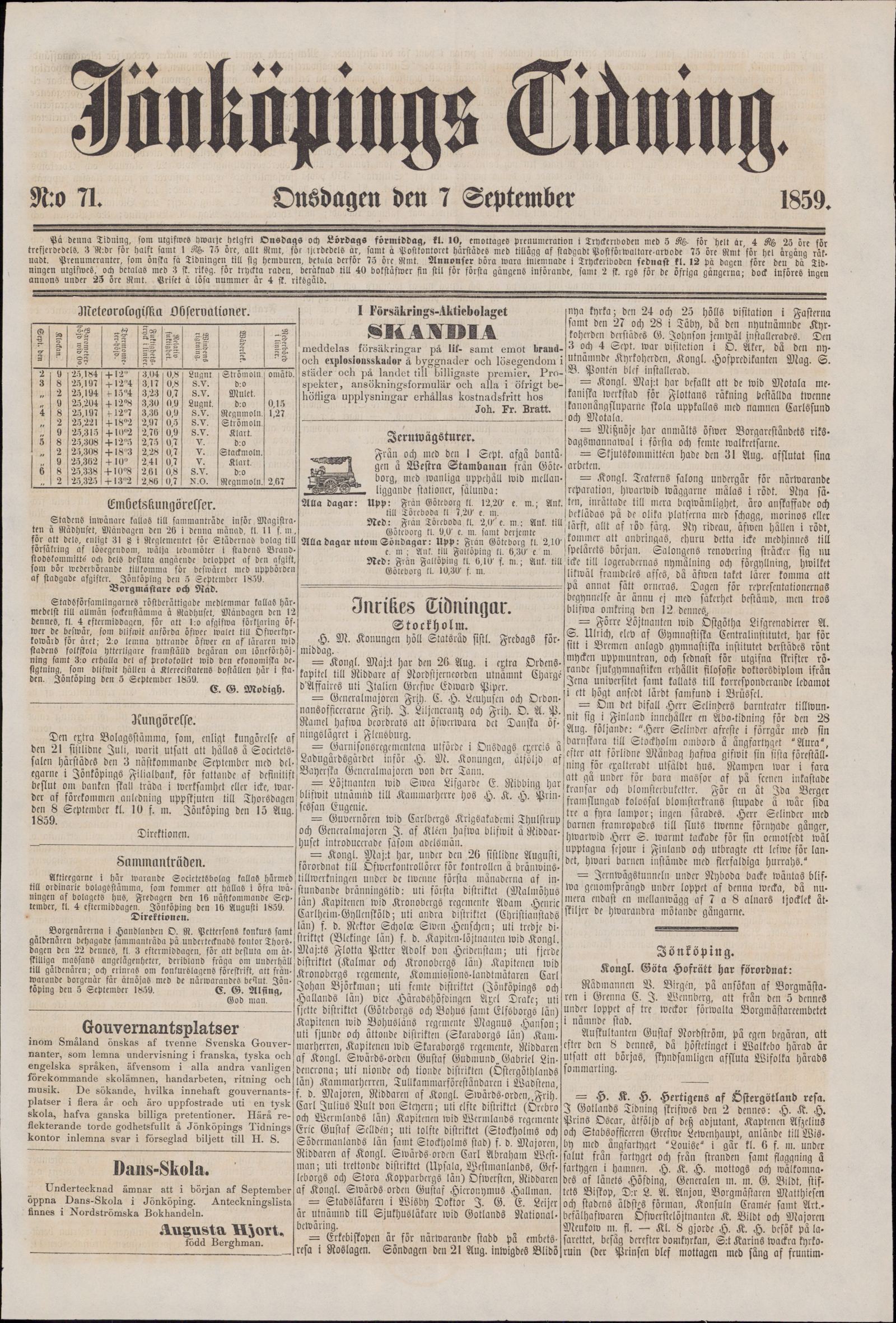 Tidningssida ur JÖNKÖPINGS TIDNING, 1859-09-07
