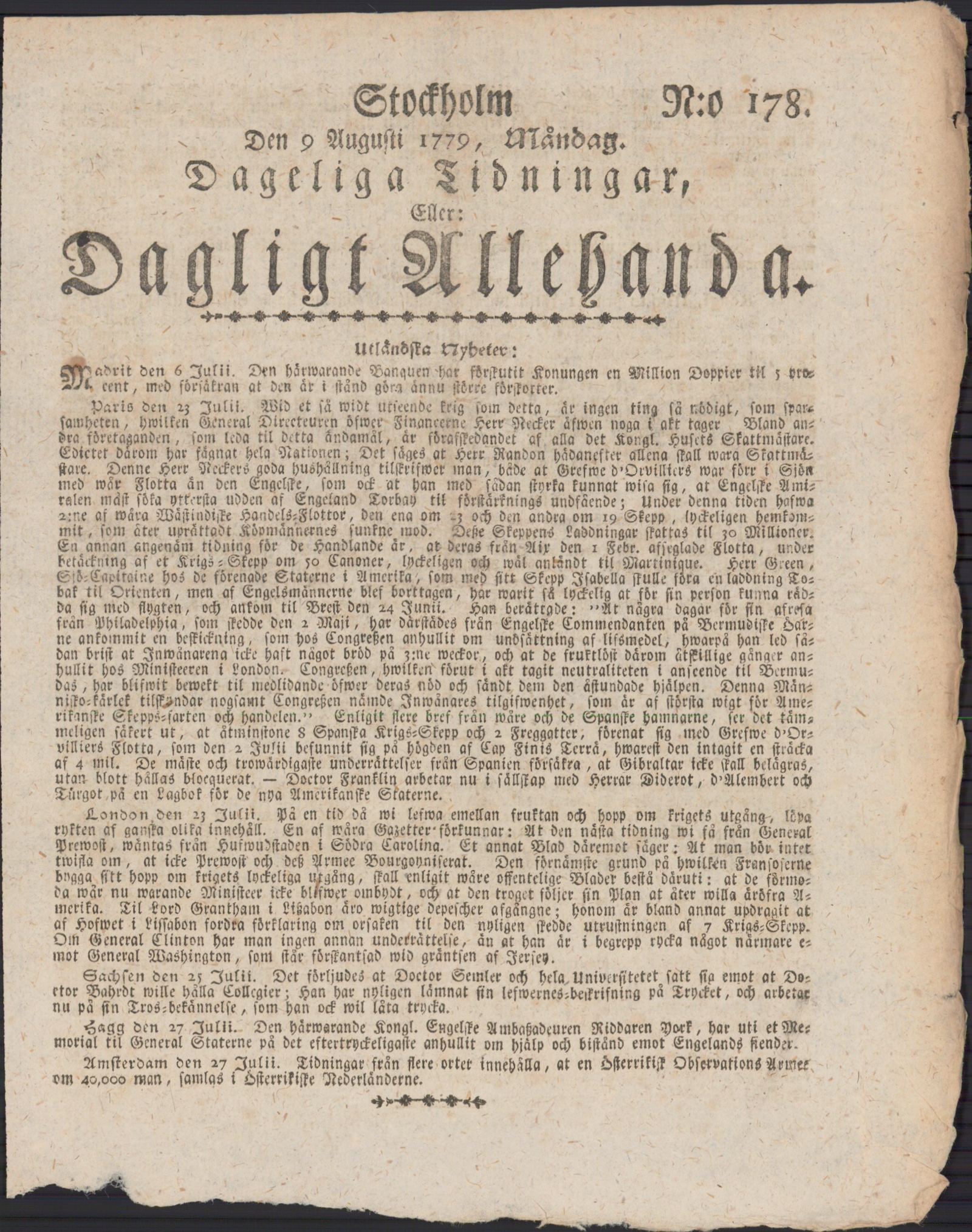 Tidningssida ur DAGLIGT ALLEHANDA, 1779-08-09