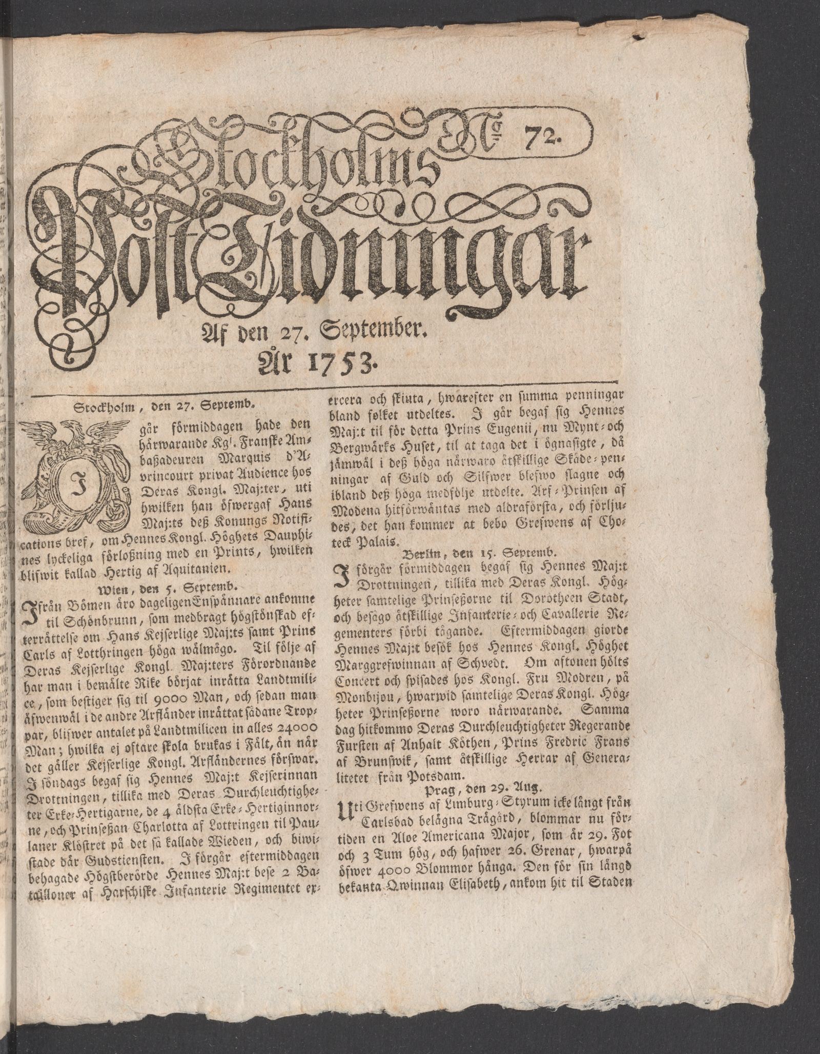 Tidningssida ur POSTTIDNINGAR, 1753-09-27
