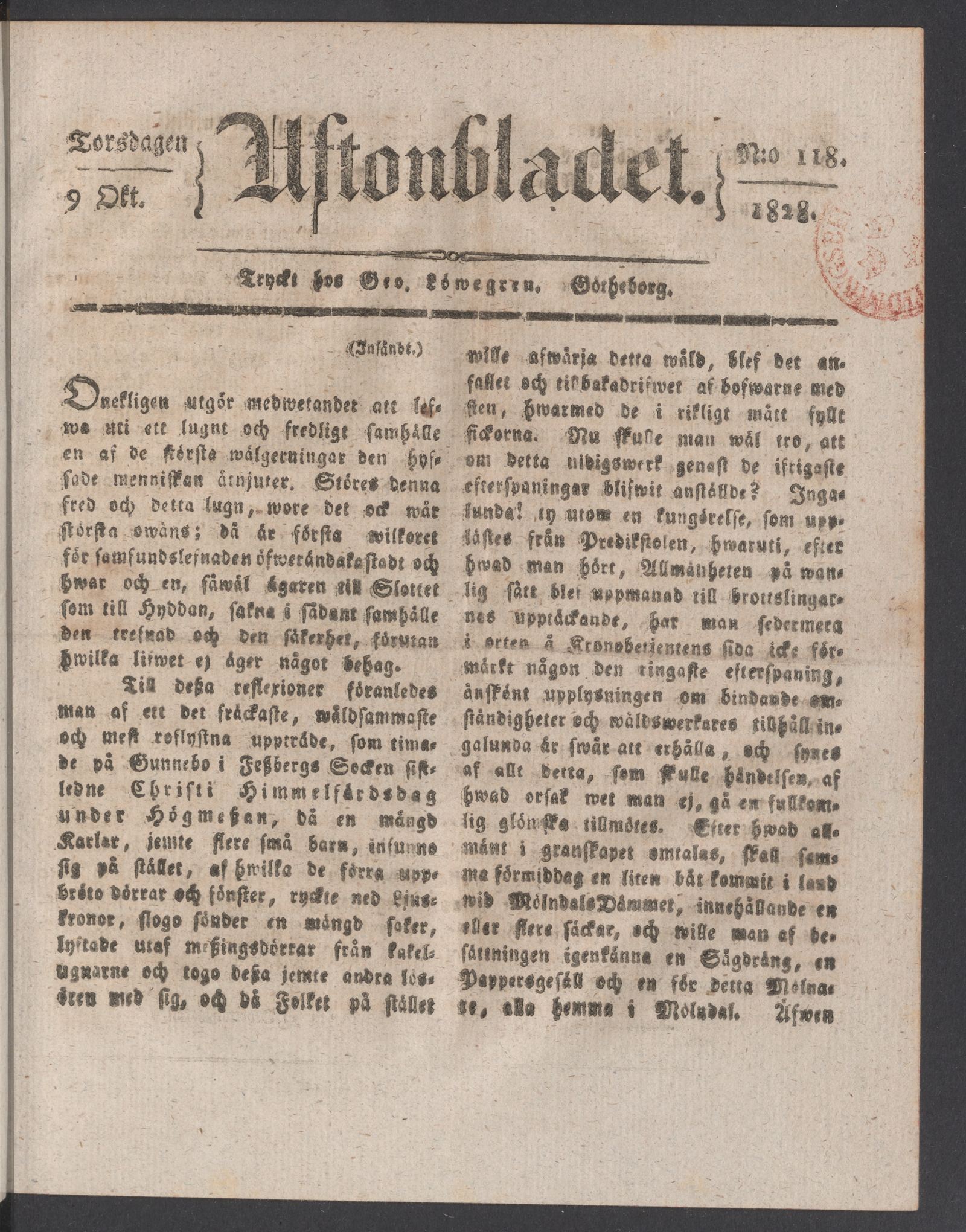 Tidningssida ur AFTONBLADET, 1828-10-09