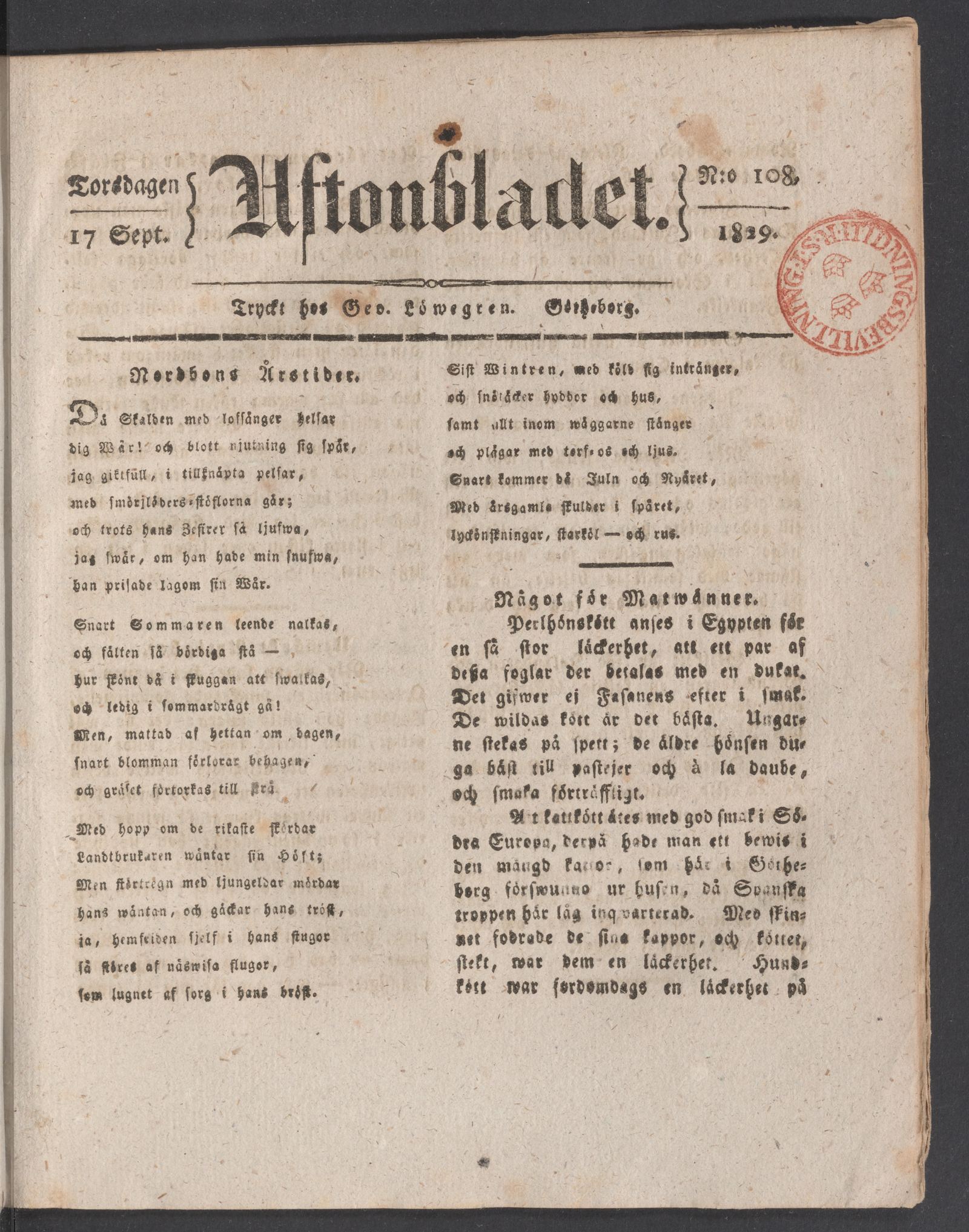 Tidningssida ur AFTONBLADET, 1829-09-17