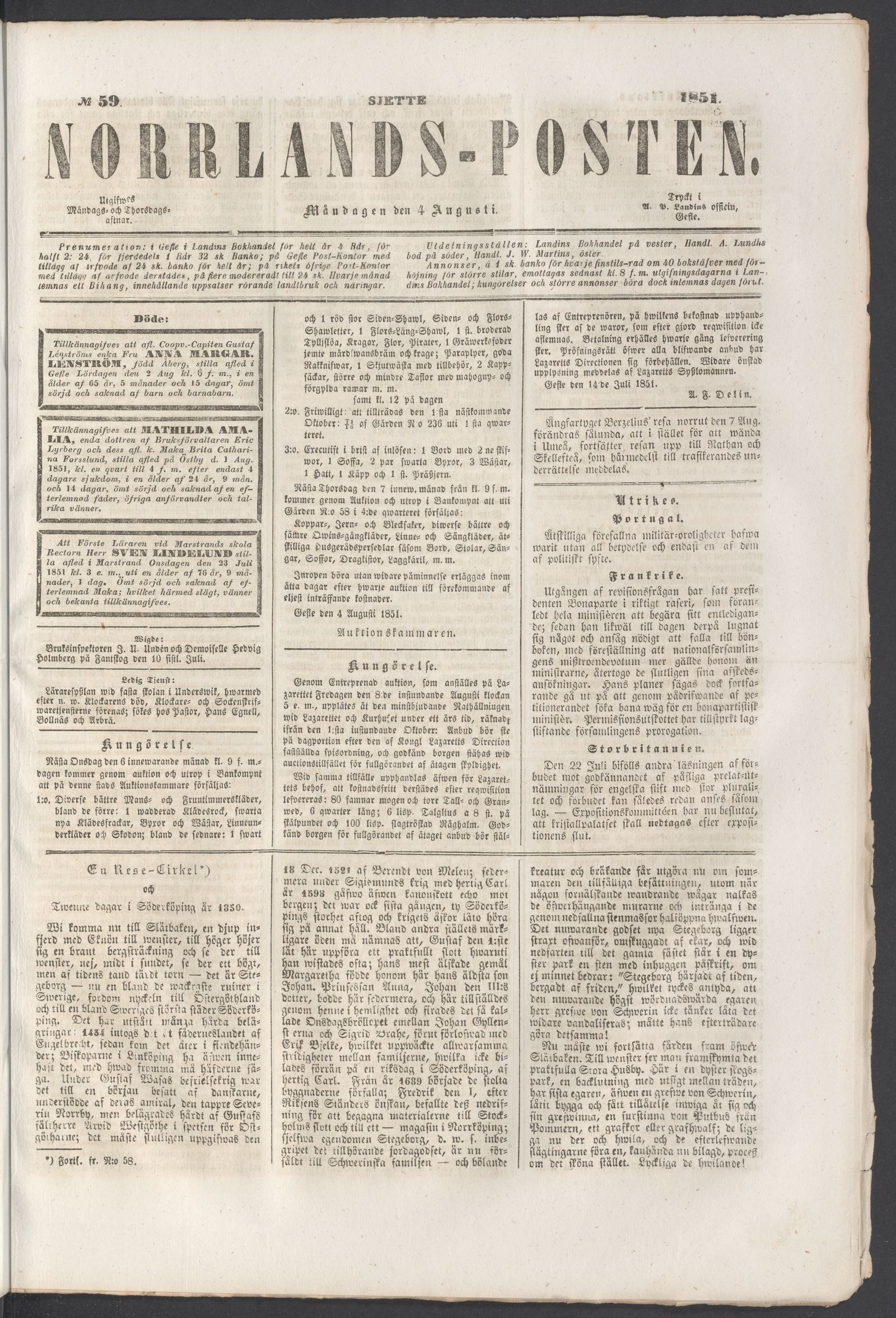 Tidningssida ur NORRLANDSPOSTEN, 1851-08-04