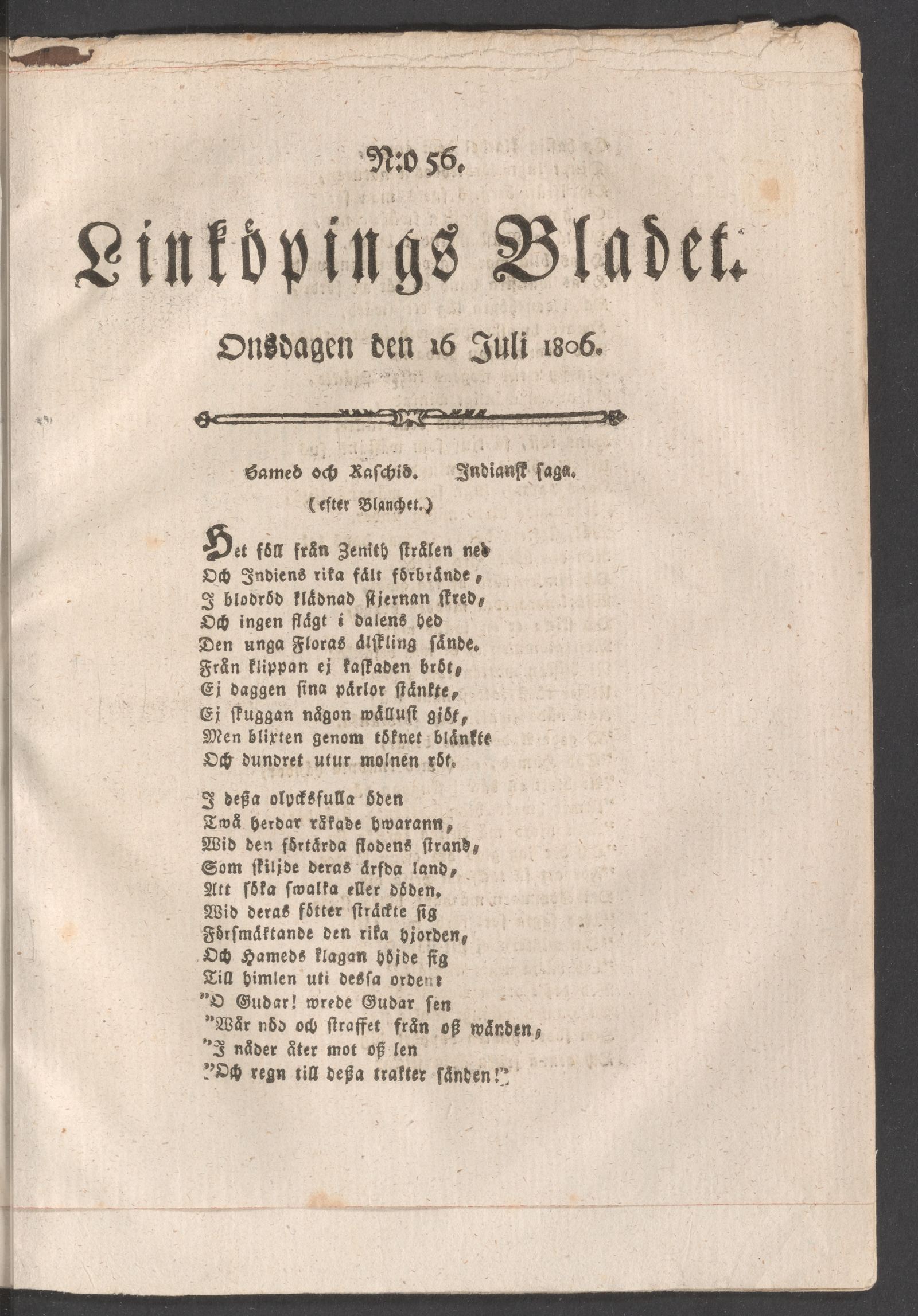Tidningssida ur LINKÖPINGSBLADET, 1806-07-16