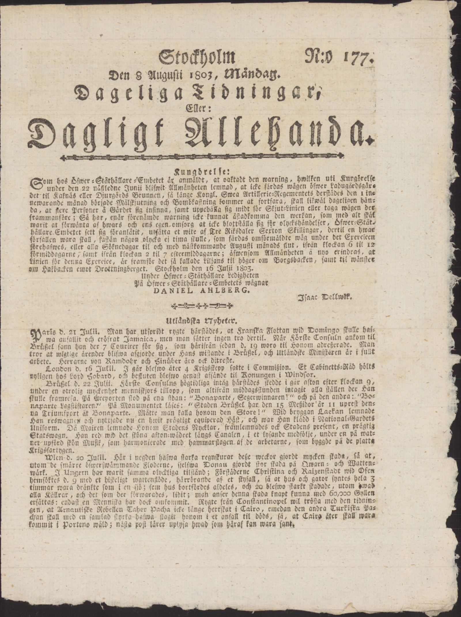 Tidningssida ur DAGLIGT ALLEHANDA, 1803-08-08