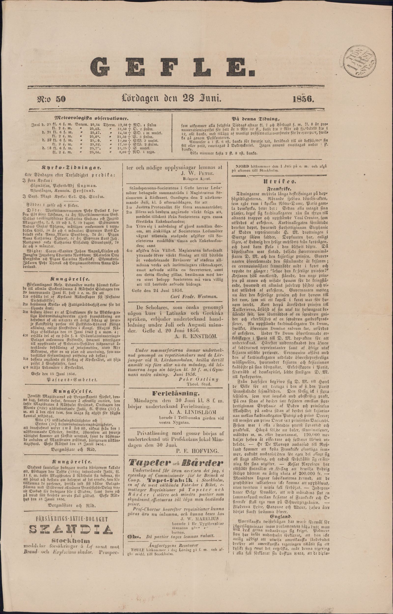 Tidningssida ur GEFLEBORGS LÄNS TIDNING, 1856-06-28