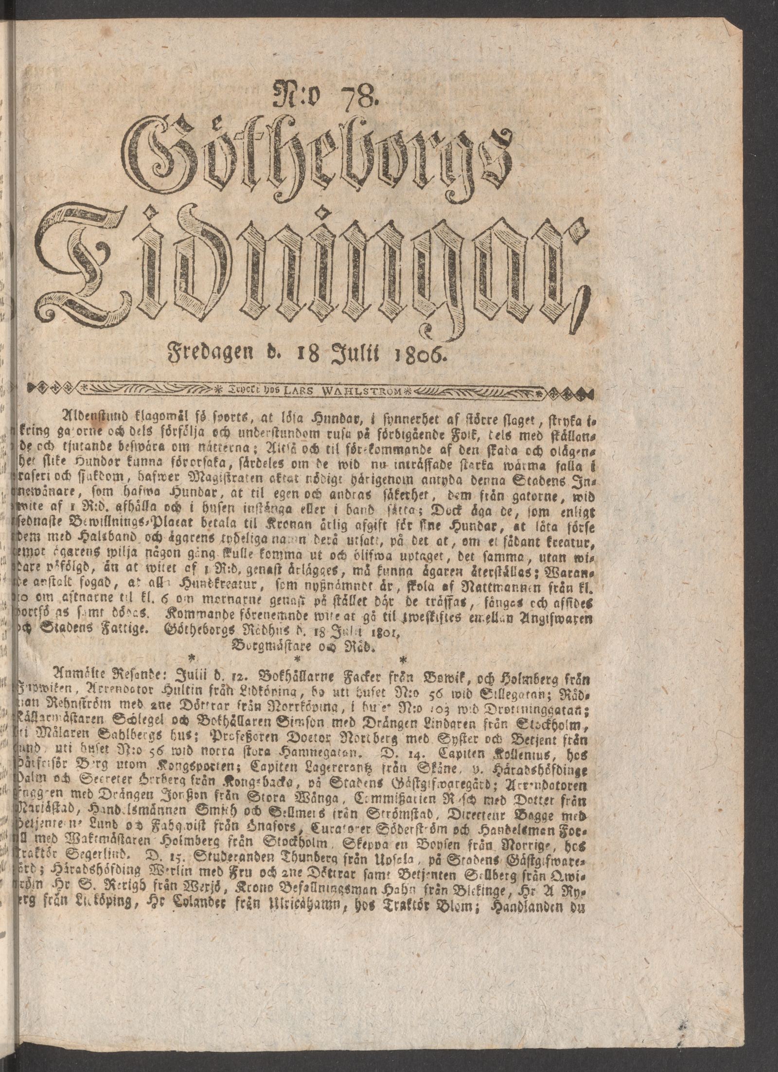 Tidningssida ur GÖTHEBORGS TIDNINGAR, 1806-07-18