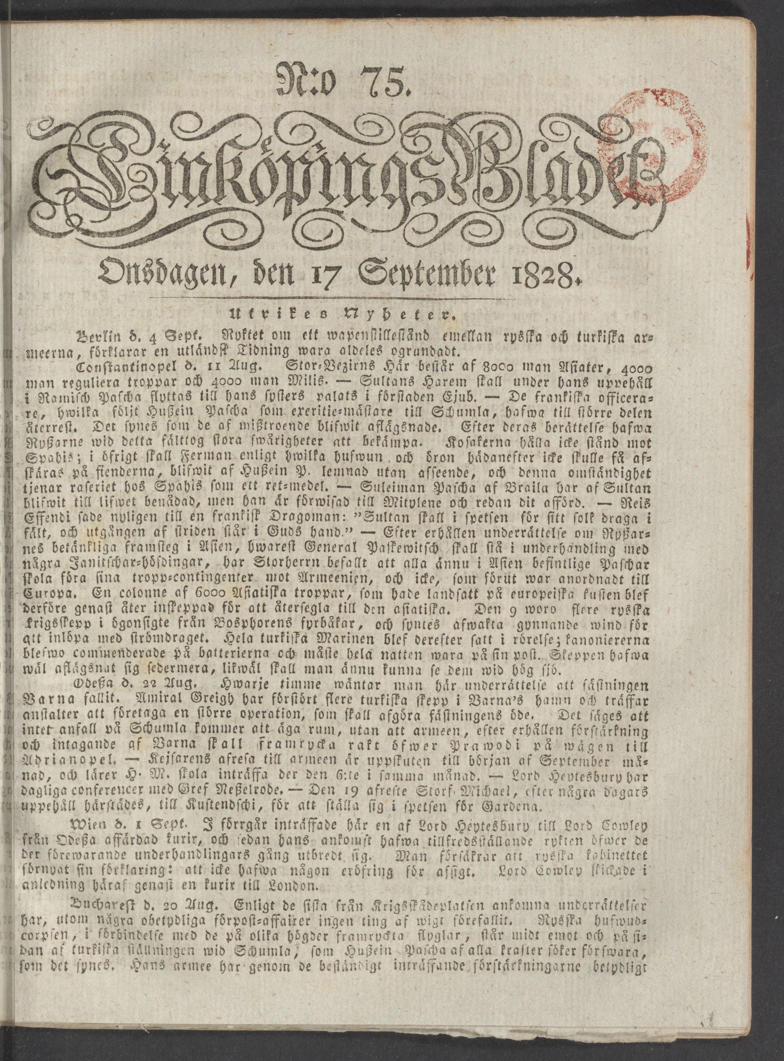 Tidningssida ur LINKÖPINGSBLADET, 1828-09-17