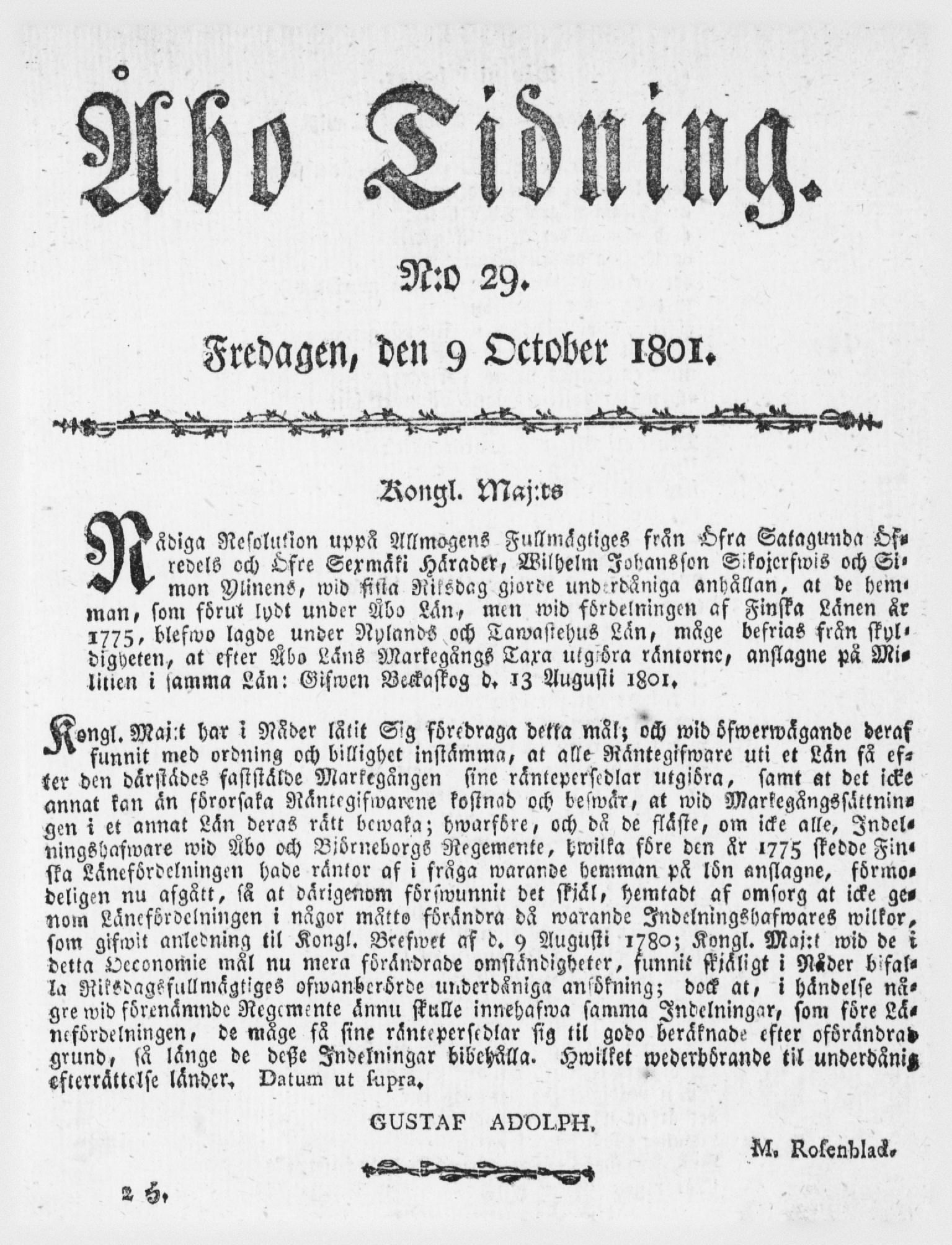 Tidningssida ur ÅBO TIDNING, 1801-10-09