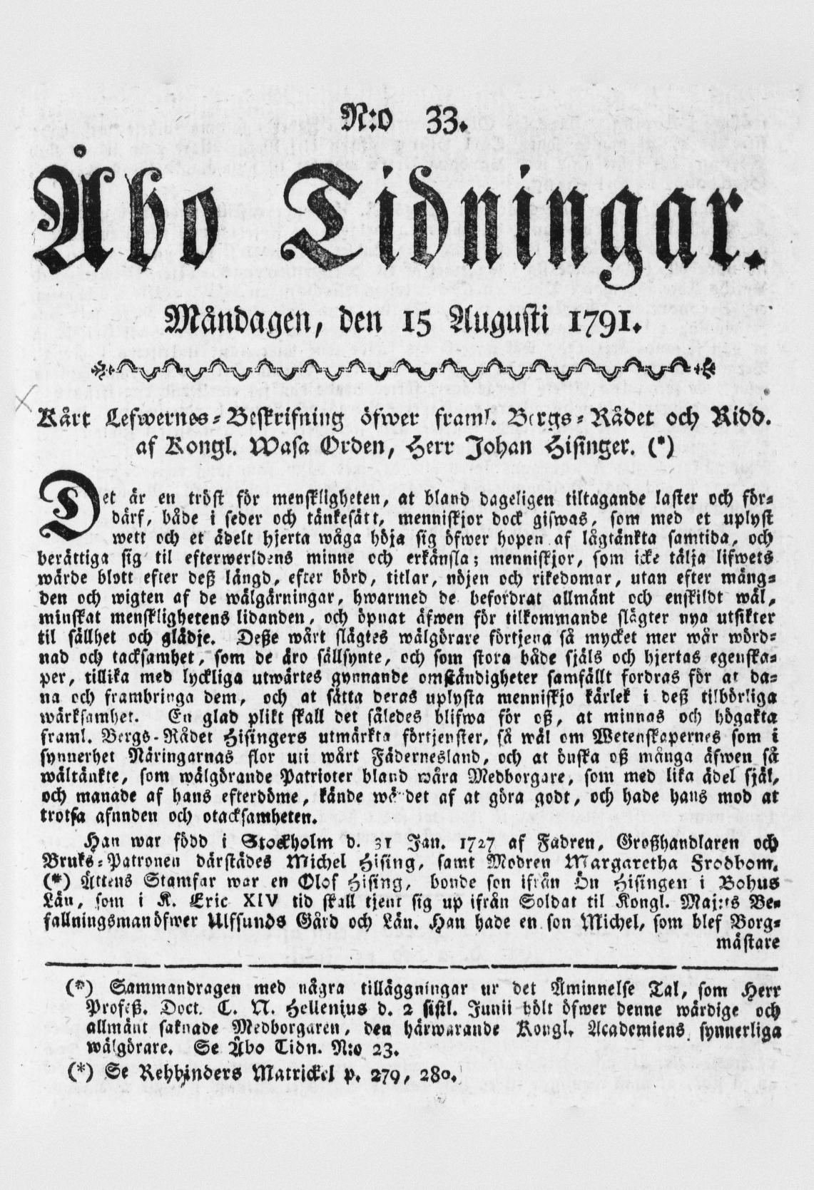 Tidningssida ur ÅBO TIDNINGAR, 1791-08-15