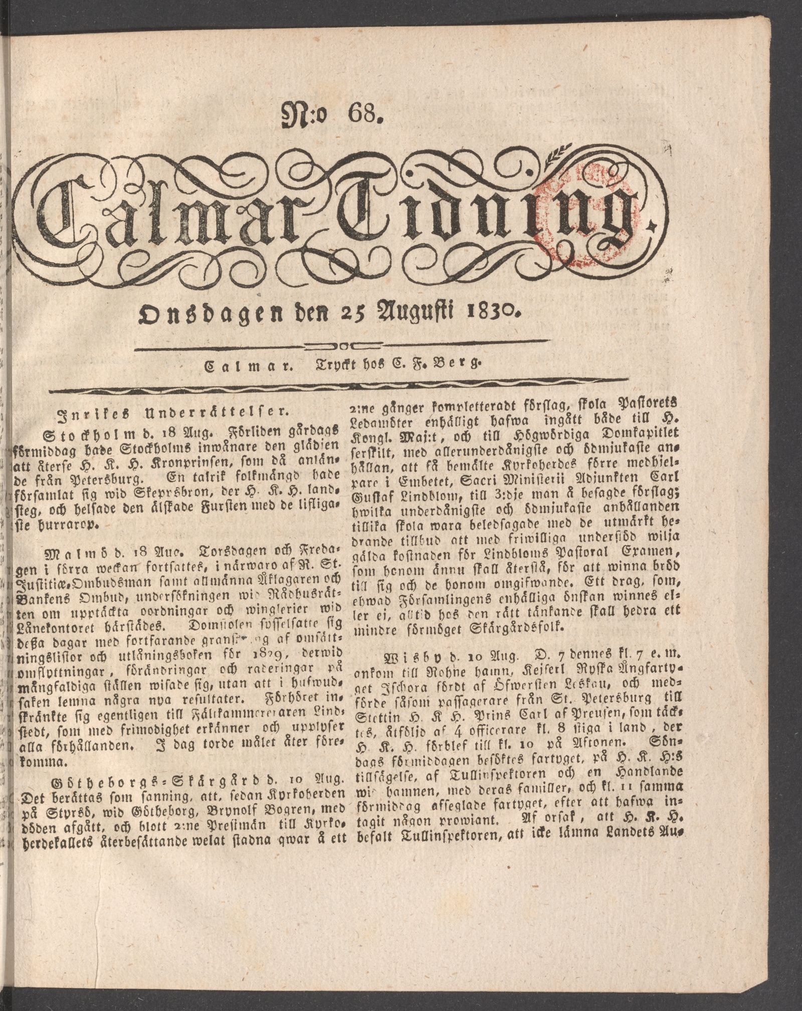 Tidningssida ur CALMAR TIDNING, 1830-08-25