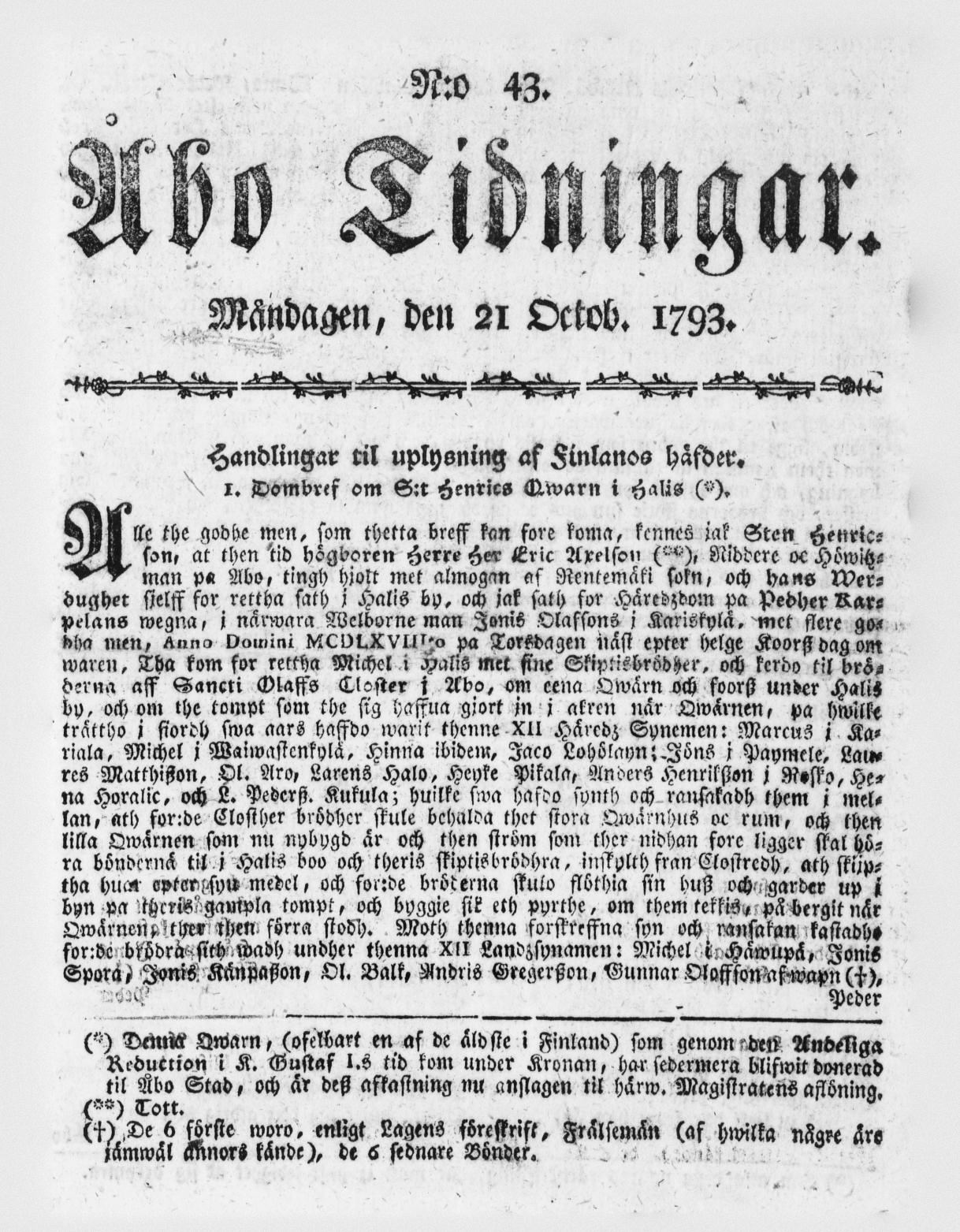 Tidningssida ur ÅBO TIDNINGAR, 1793-10-21