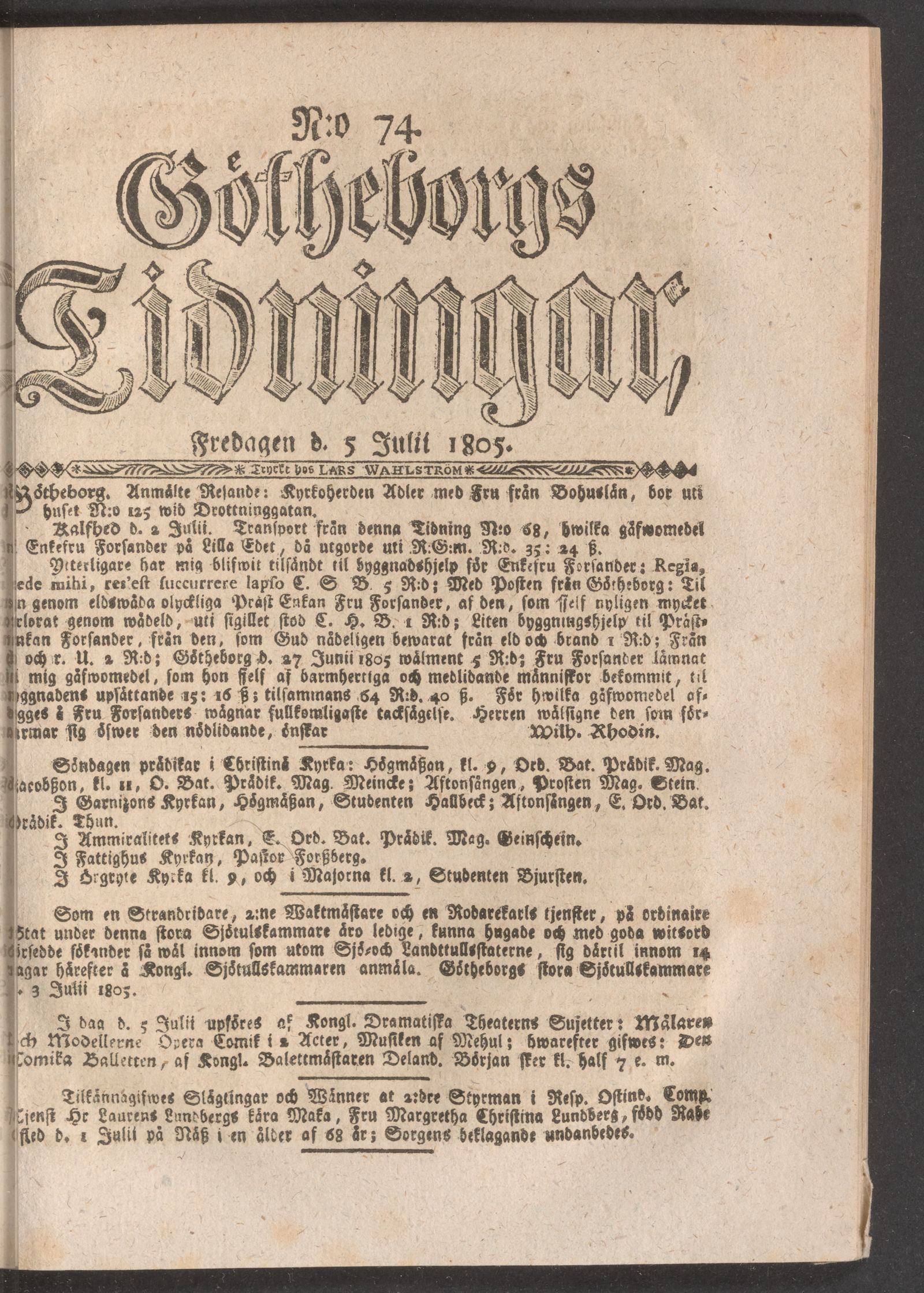 Tidningssida ur GÖTHEBORGS TIDNINGAR, 1805-07-05