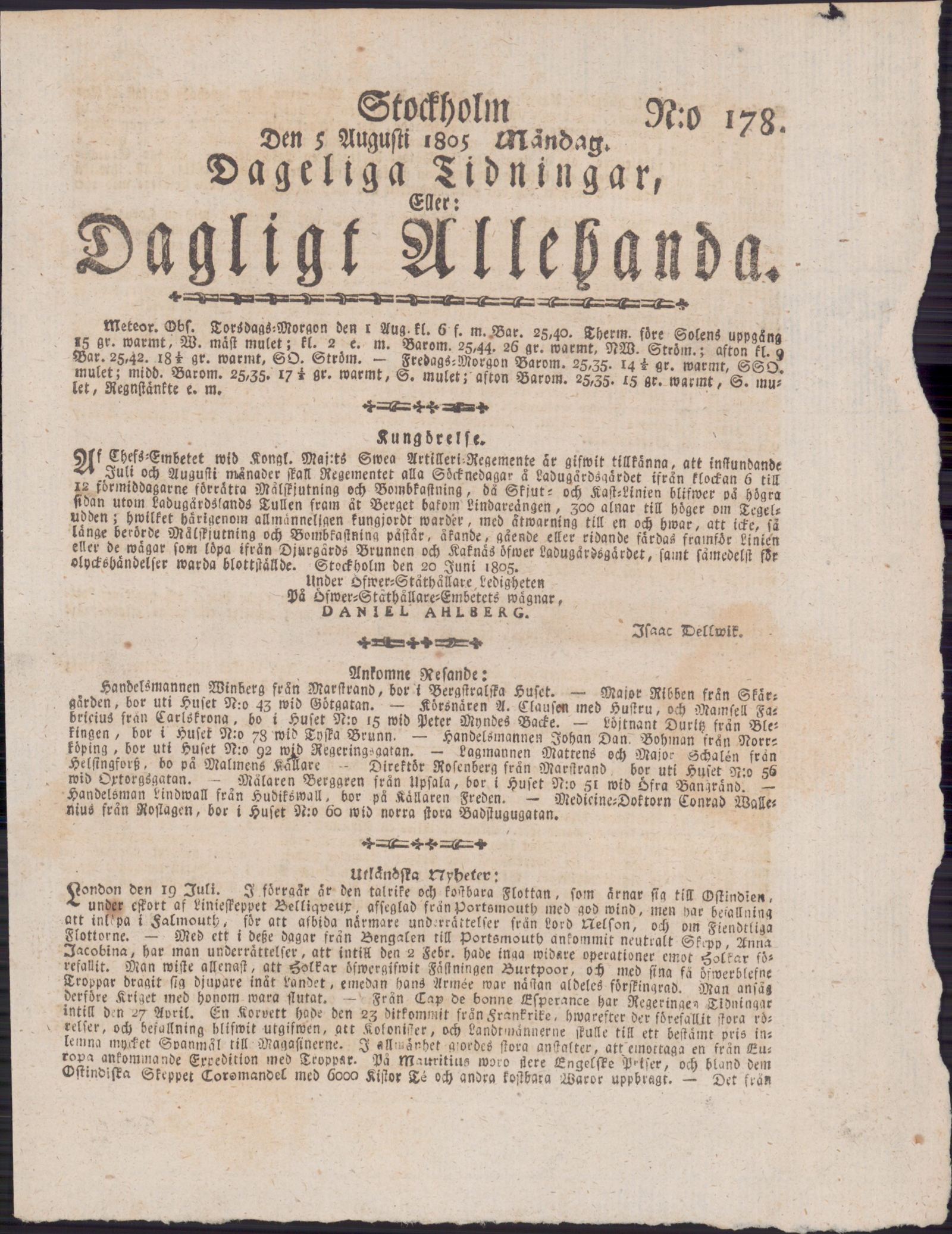 Tidningssida ur DAGLIGT ALLEHANDA, 1805-08-05