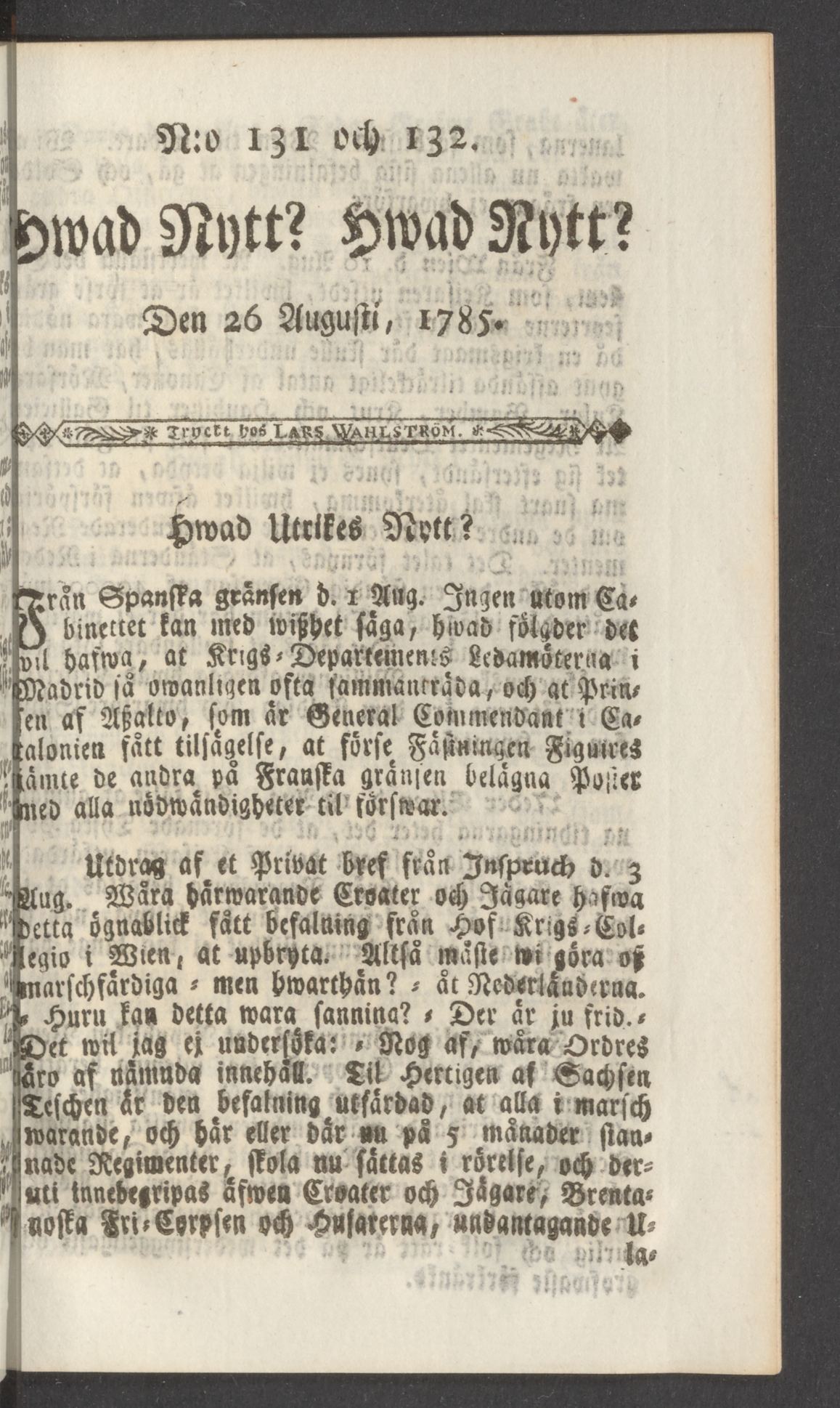 Tidningssida ur HWAD NYTT?, 1785-08-26