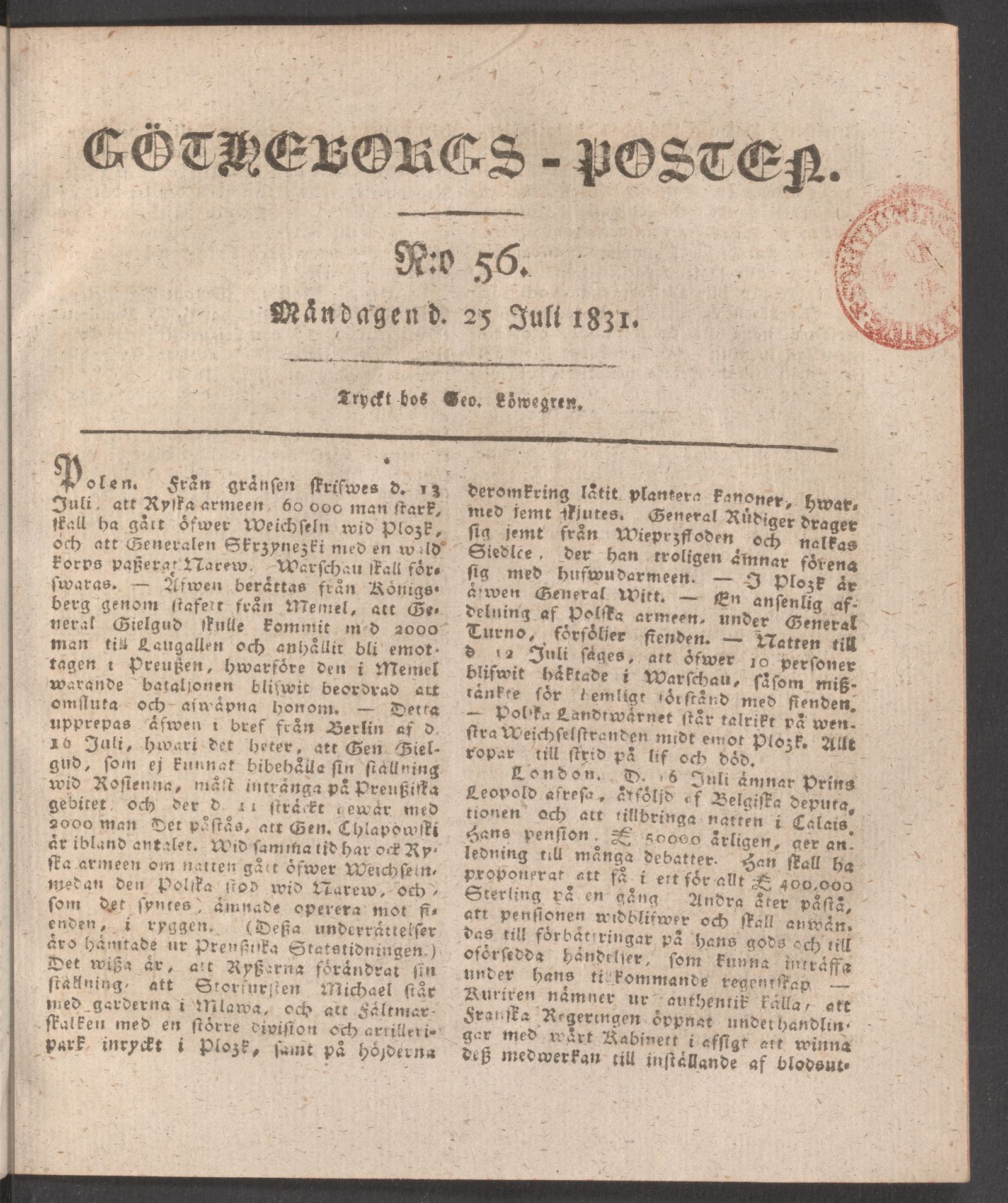 Tidningssida ur GÖTHEBORGSPOSTEN, 1831-07-25