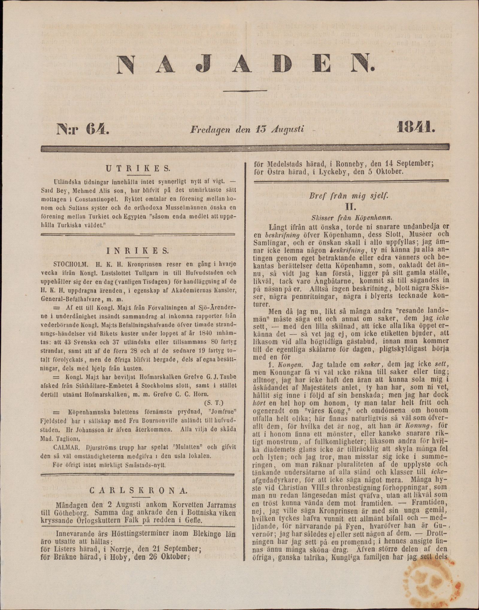 Tidningssida ur NAJADEN, 1841-08-13