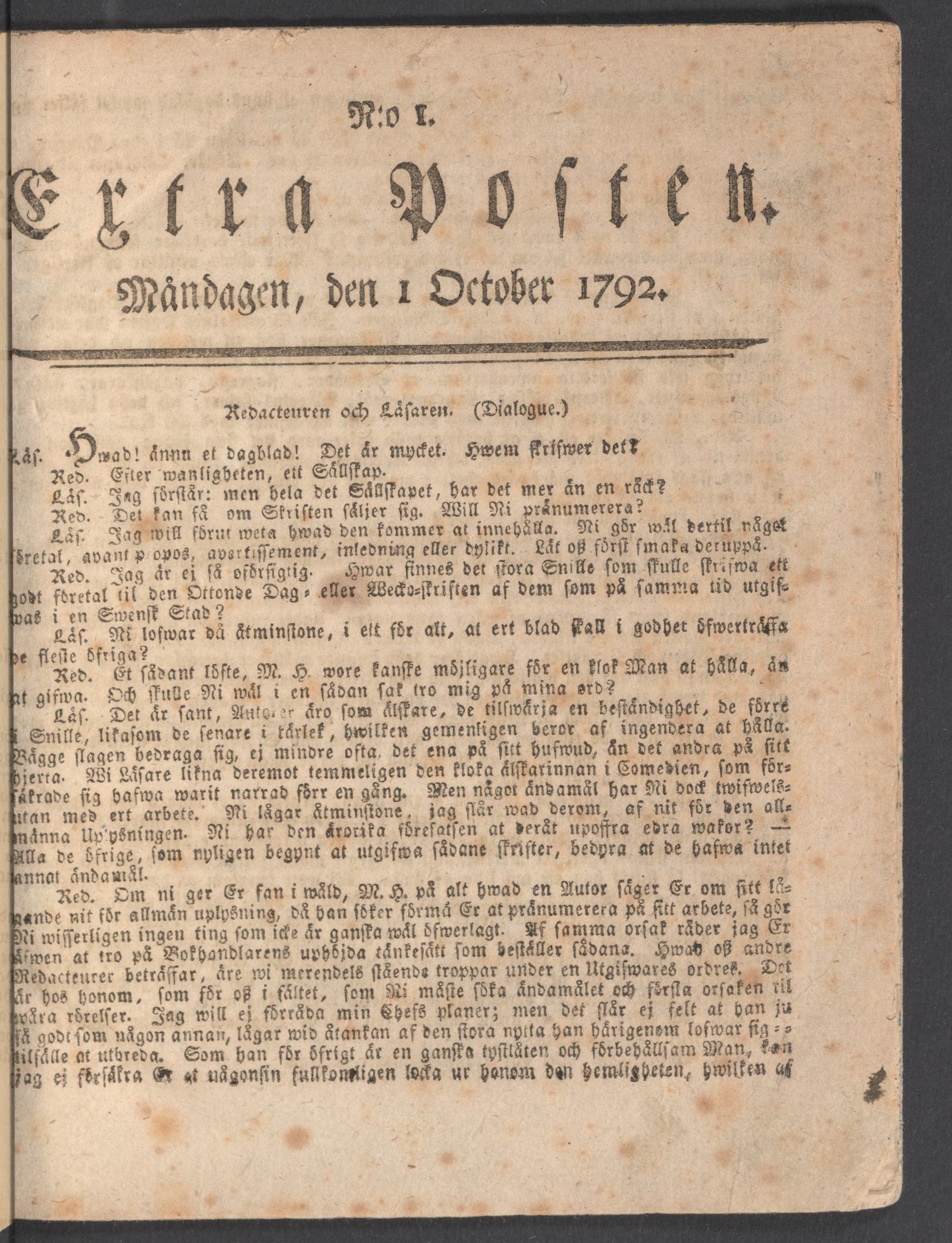 Tidningssida ur EXTRA POSTEN, 1792-10-01
