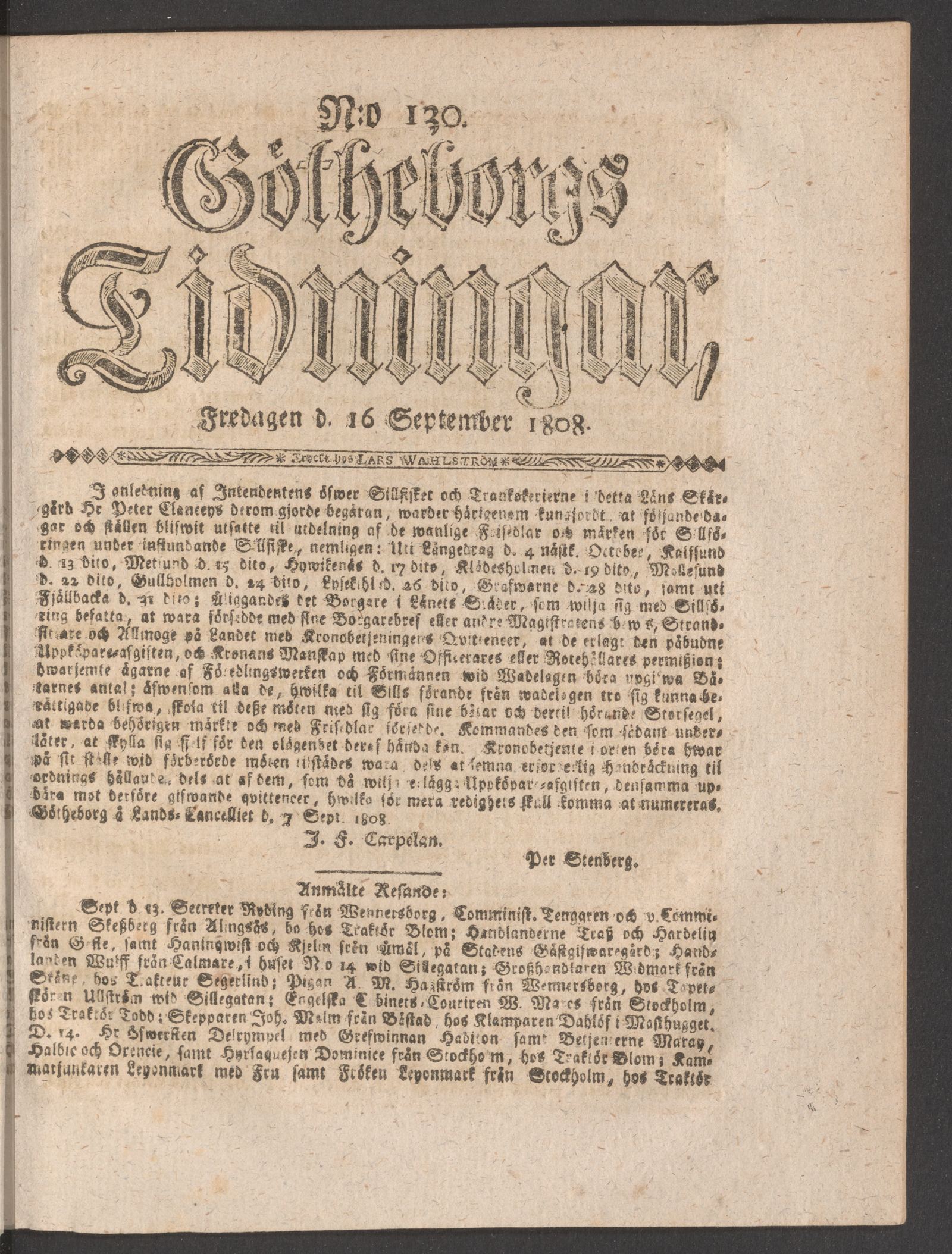 Tidningssida ur GÖTHEBORGS TIDNINGAR, 1808-09-16