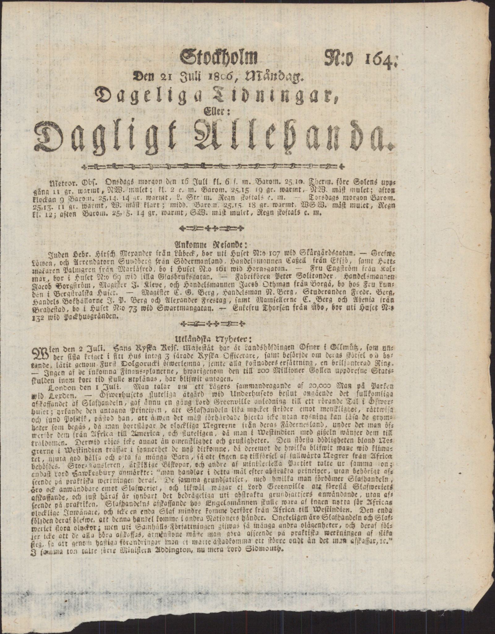 Tidningssida ur DAGLIGT ALLEHANDA, 1806-07-21