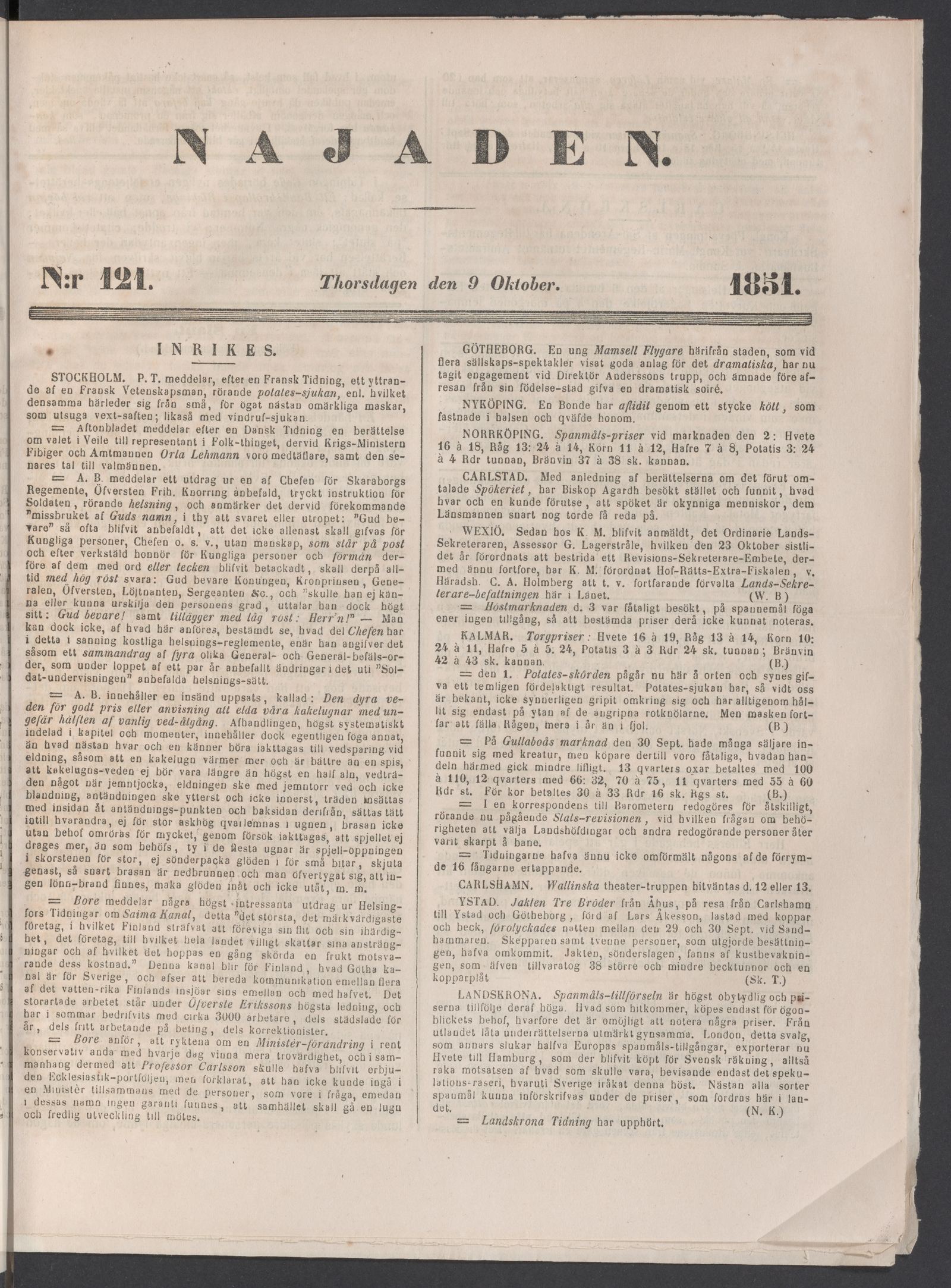 Tidningssida ur NAJADEN, 1851-10-09
