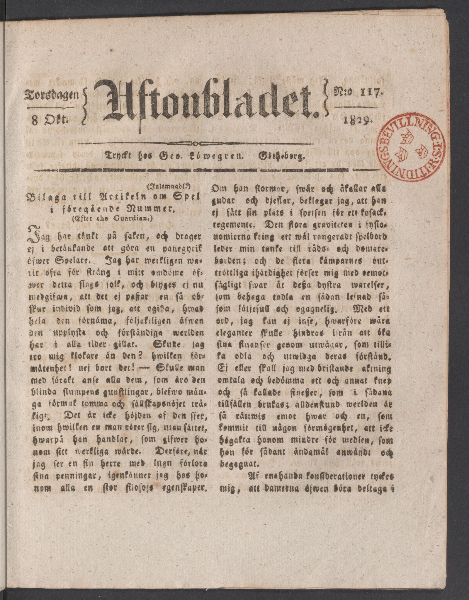 Tidningssida ur AFTONBLADET, 1829-10-08